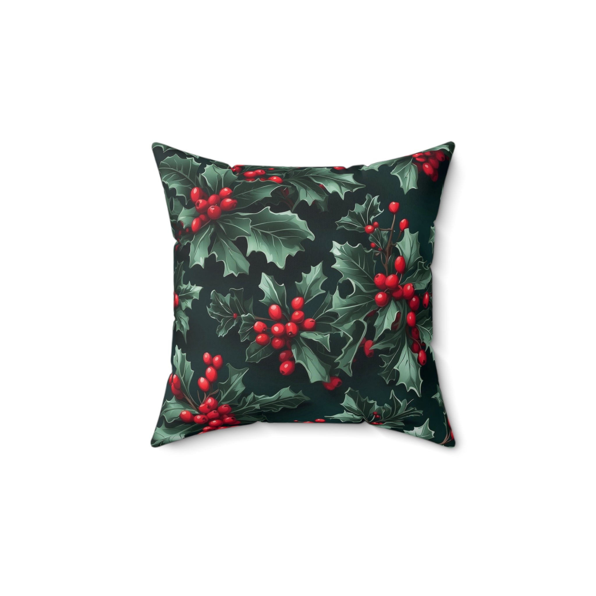 Fresh Holly and Berries Christmas Holiday Design Square Pillow - Festive 100% Polyester Décor Piece with Insert