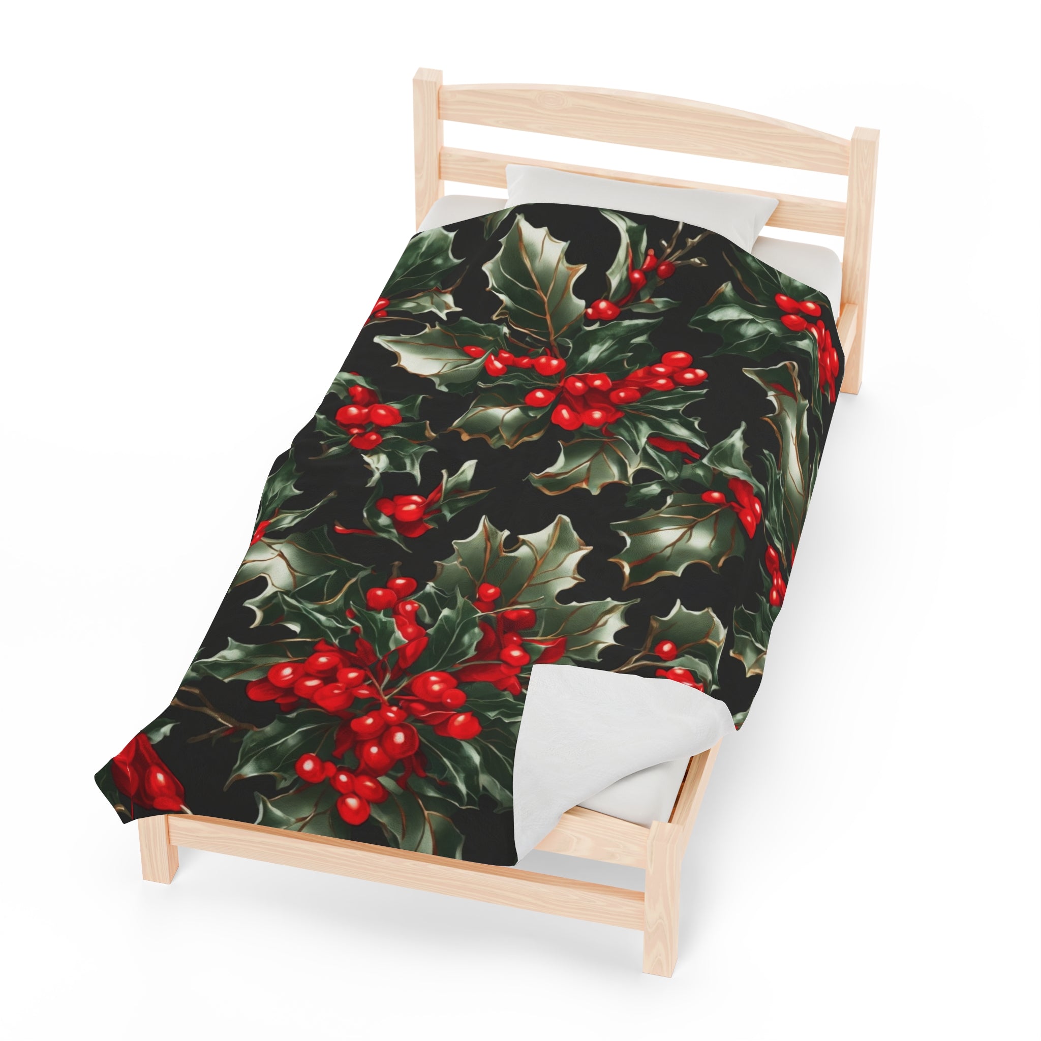 Elegant Holly of Christmas Designed Velveteen Plush Blanket Available in 3 Sizes