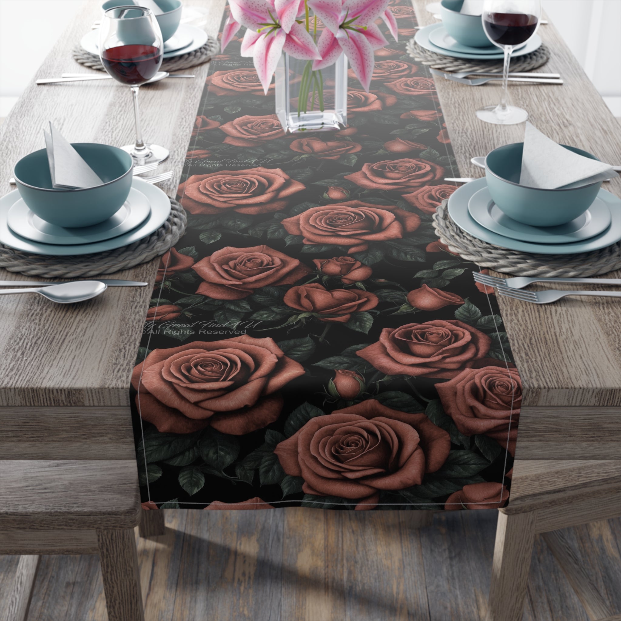 Red Roses Awakening Designed Table Runner - Cotton Twill or Polyester -Table Design - Valentine's Day