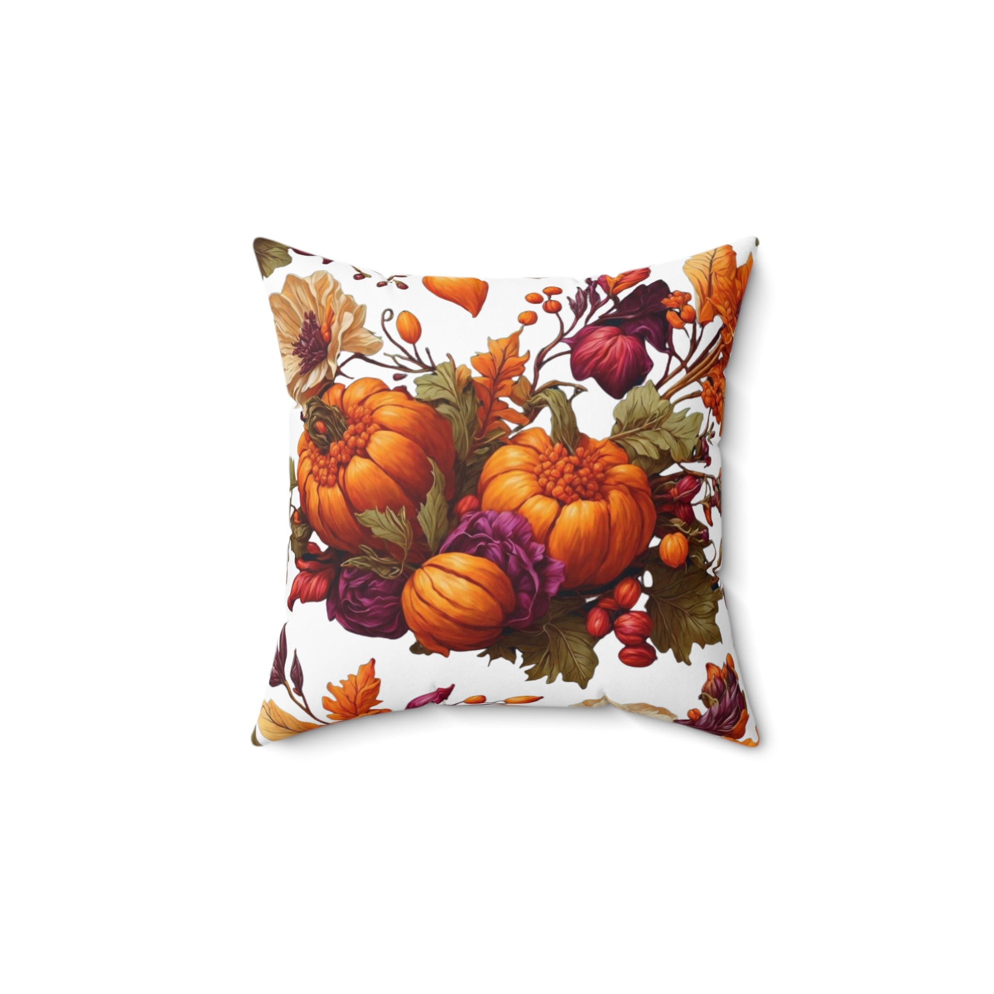 Verdant Autumn Floral and Gourds Designed Throw Pillow in Various Sizes with Insert