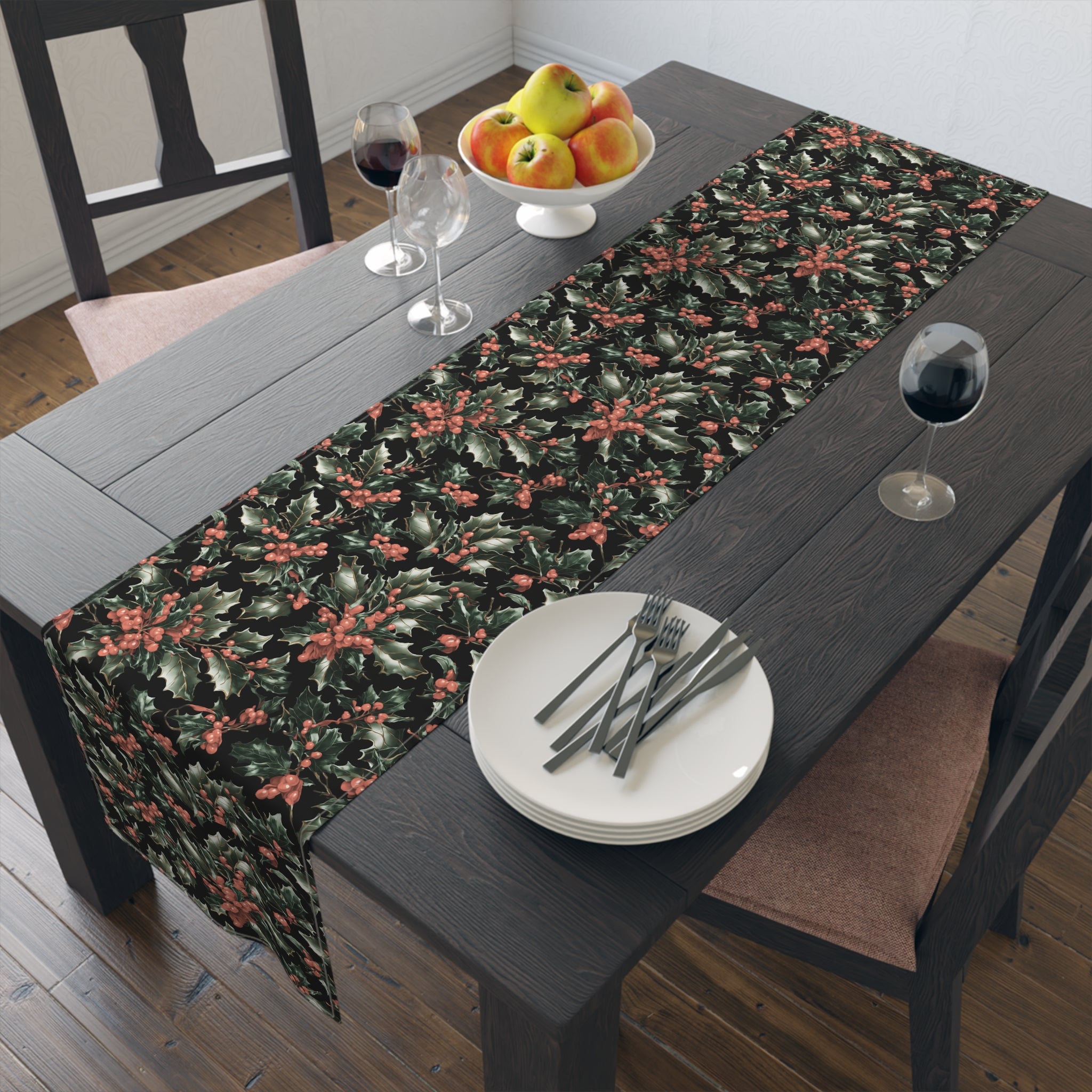 Elegant Holly of Christmas Designed Table Runner Available in 2 Sizes & Material