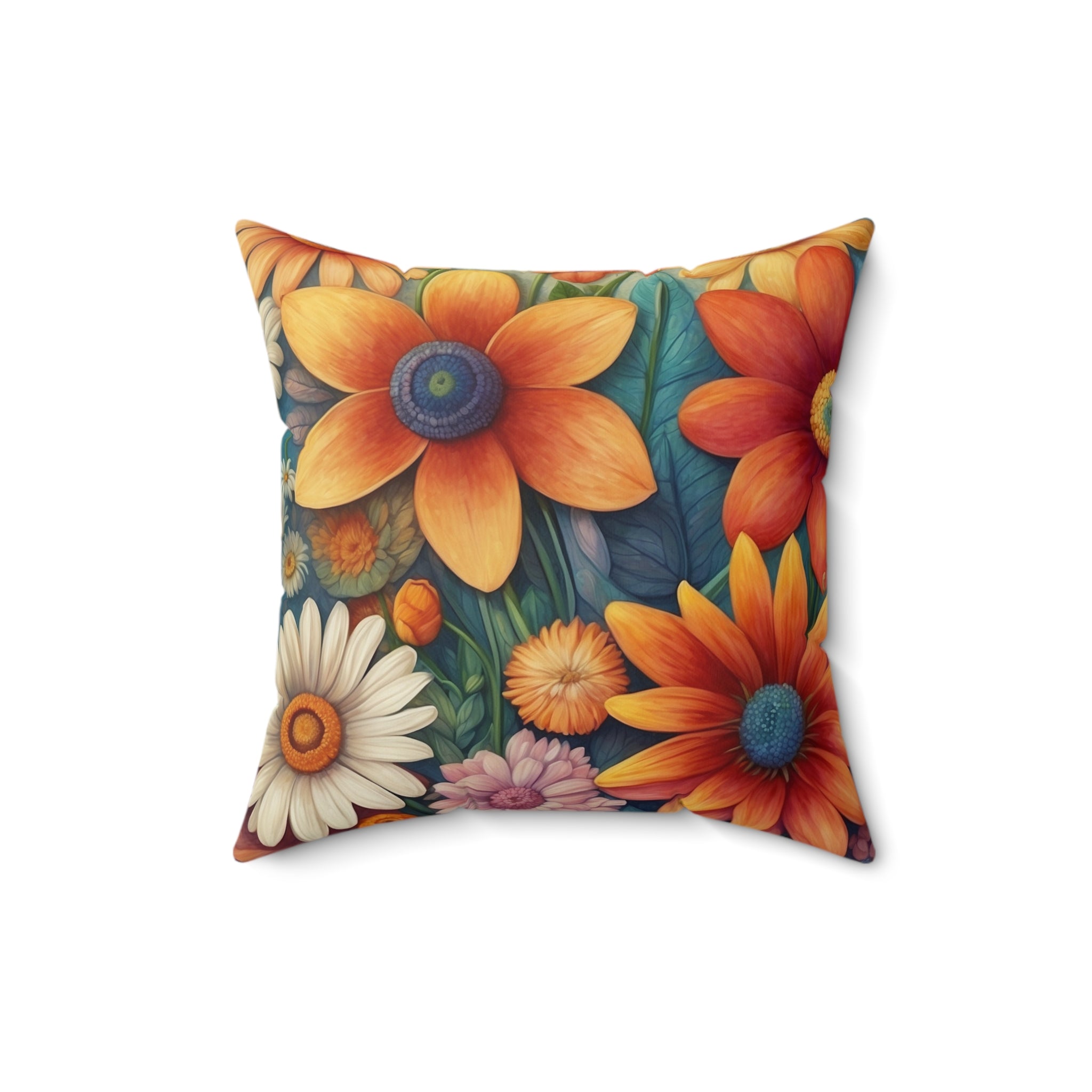 Summertime Full of Colorful Flowers Spun Polyester Square Pillow with Insert