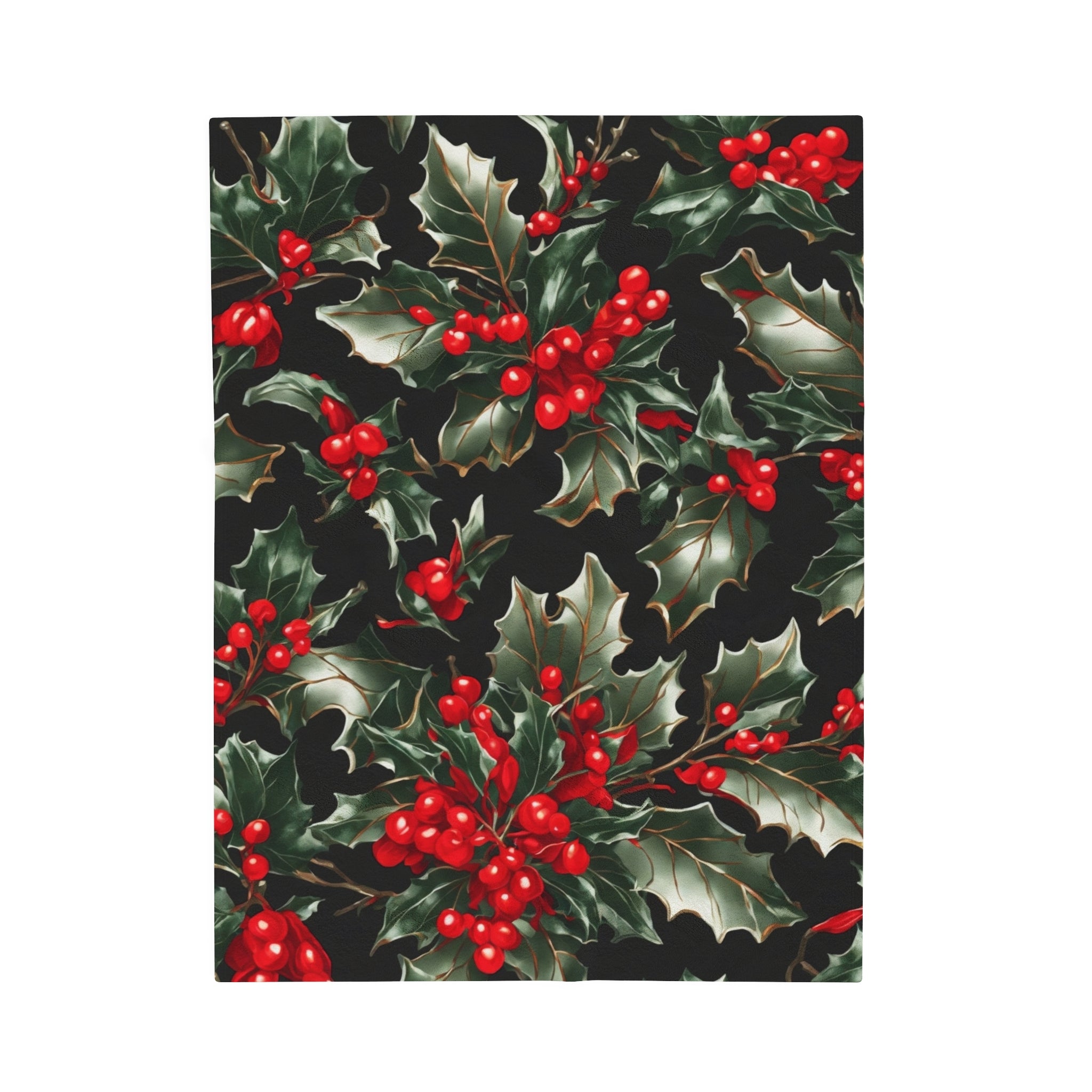 Elegant Holly of Christmas Designed Velveteen Plush Blanket Available in 3 Sizes