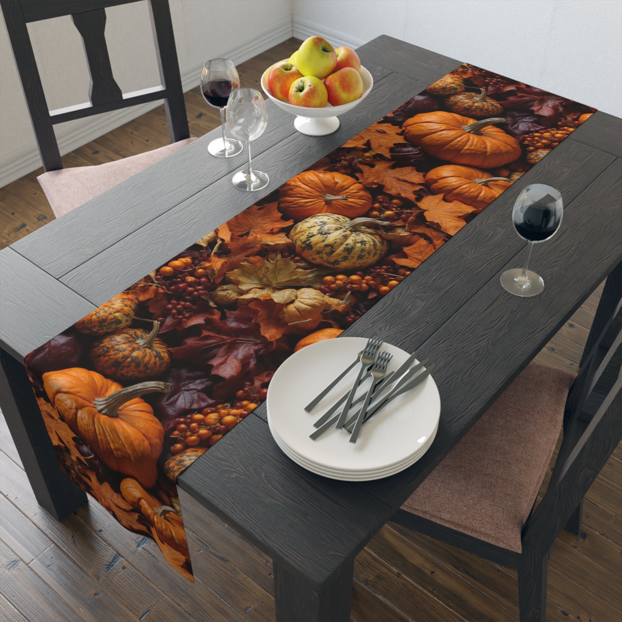 Rustic Pumpkin Harvest among Fall Foliage Designed Table Runner Available in 2 Sizes and Material