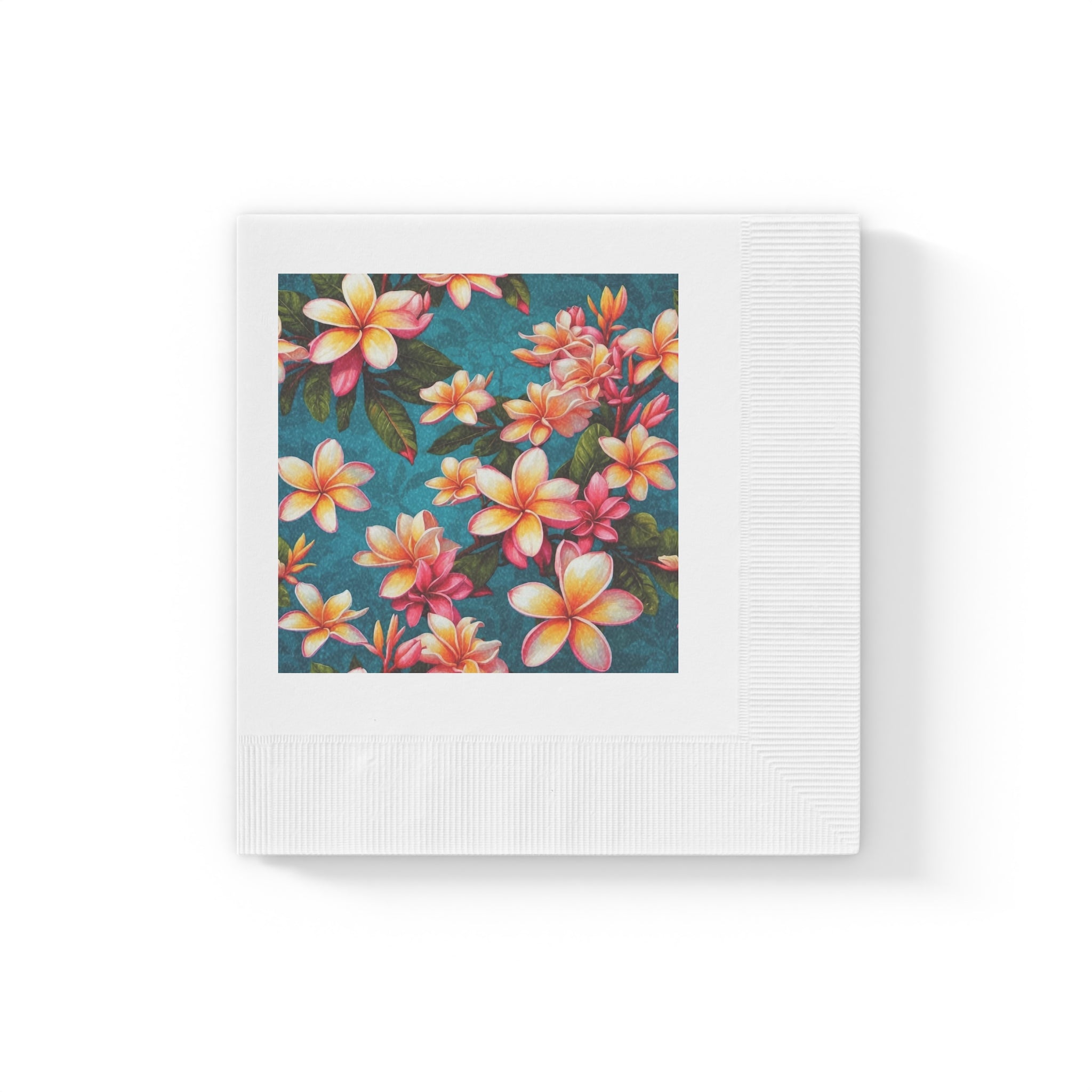 Bold Summer Plumeria Flower Design on White Coined Napkins 2 Sizes and Counts