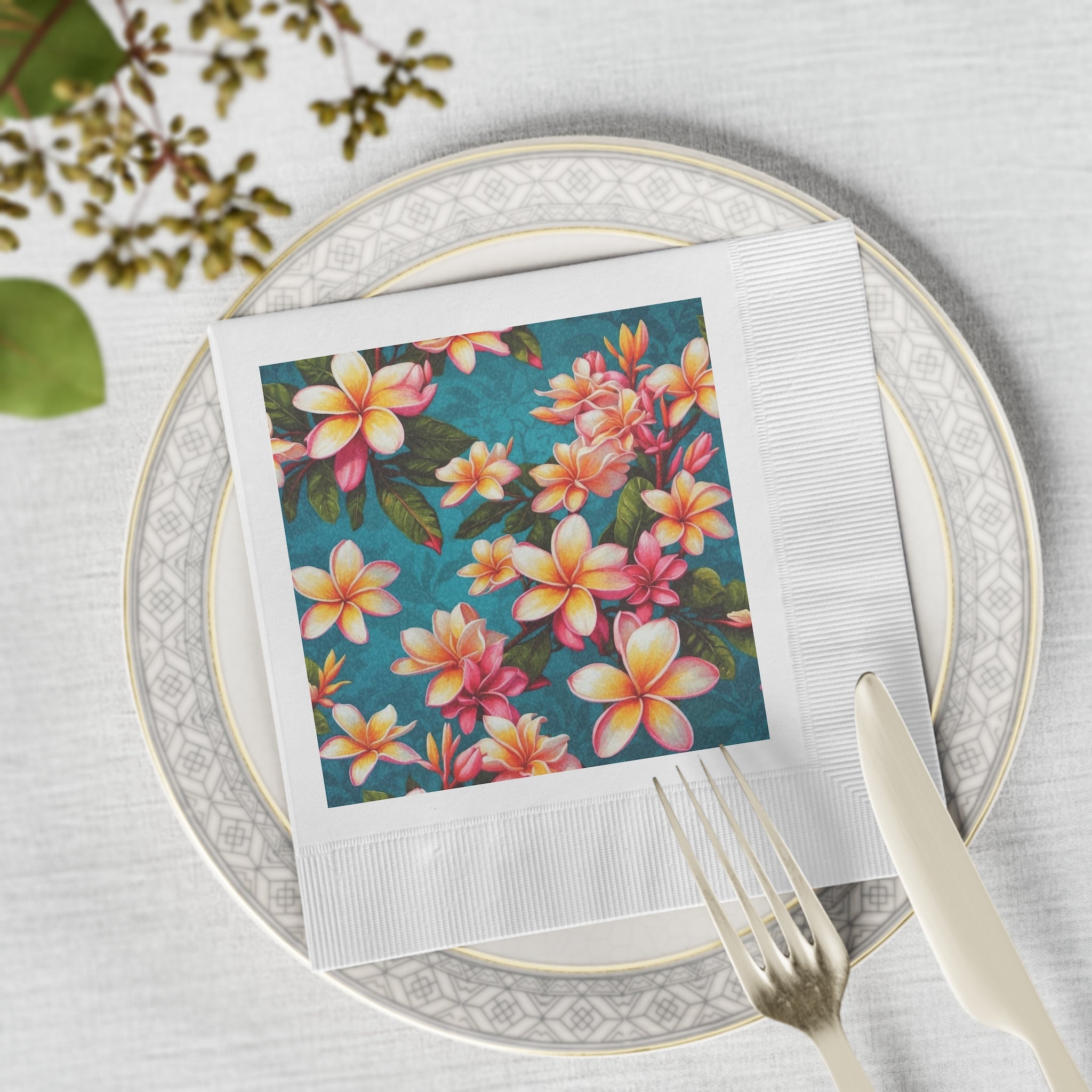 Bold Summer Plumeria Flower Designed White Coined Napkins 2 Sizes and Counts