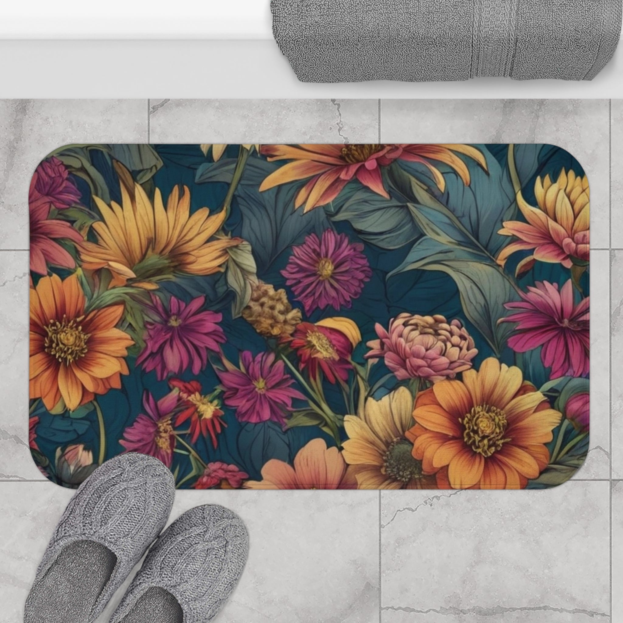 Beautiful Zinnia Blooming Garden Designed Bath Mat Available in 2 Sizes