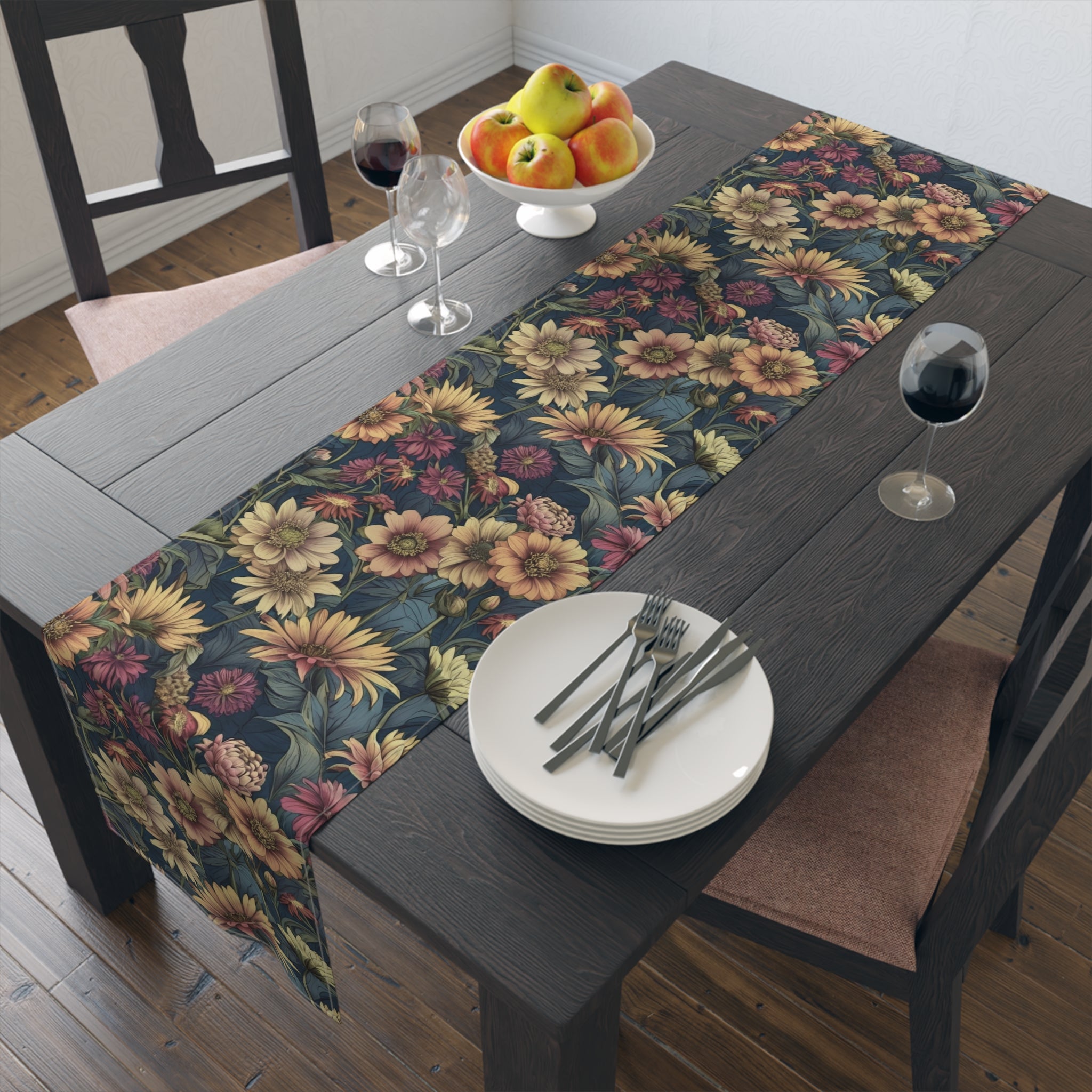 Beautiful Zinnia Blooming Garden Pattern Table Runner - Artistic Kitchen Décor, Hemmed Edges - Floral Dinning - Gift