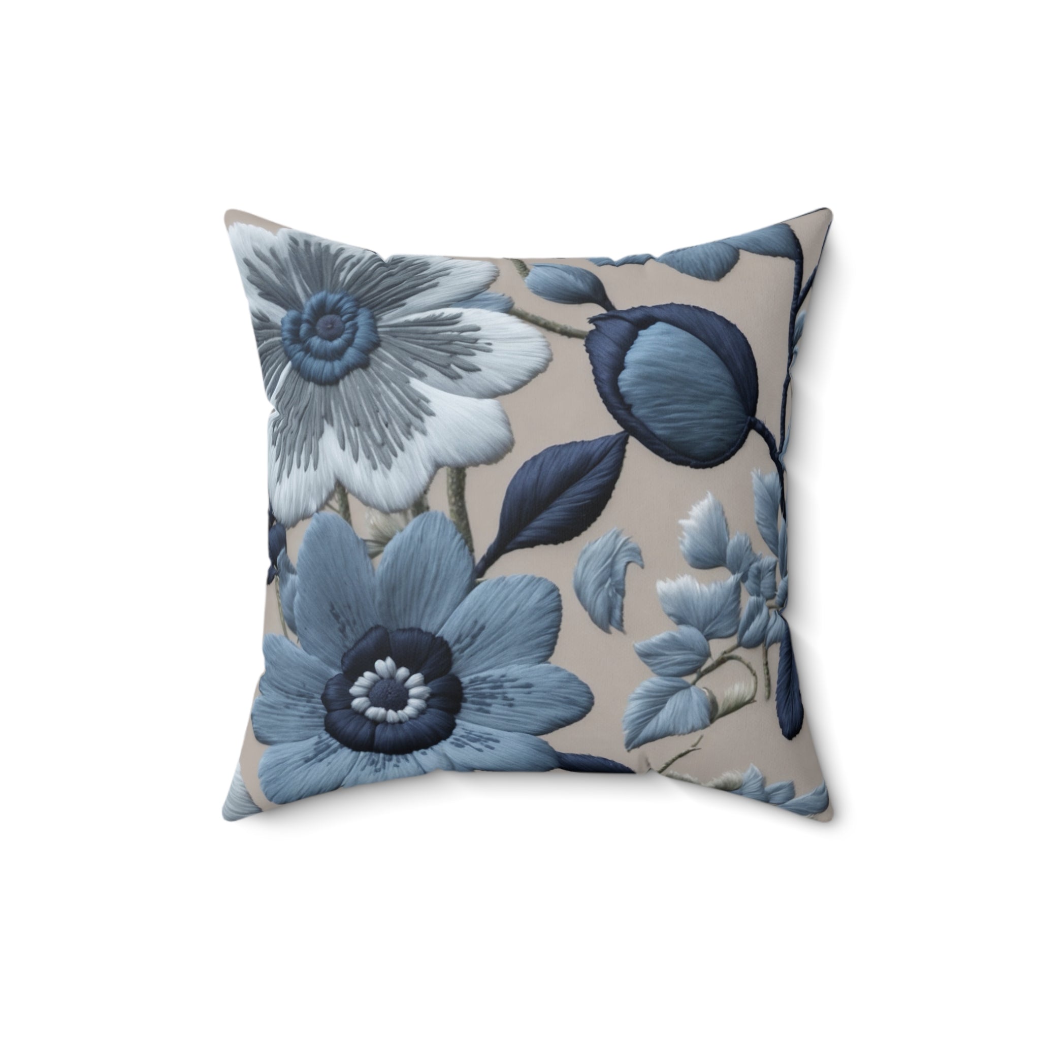 Graceful Blue Spring Floral Embroidered Look pillow cover Spun Polyester Square Pillow with Insert