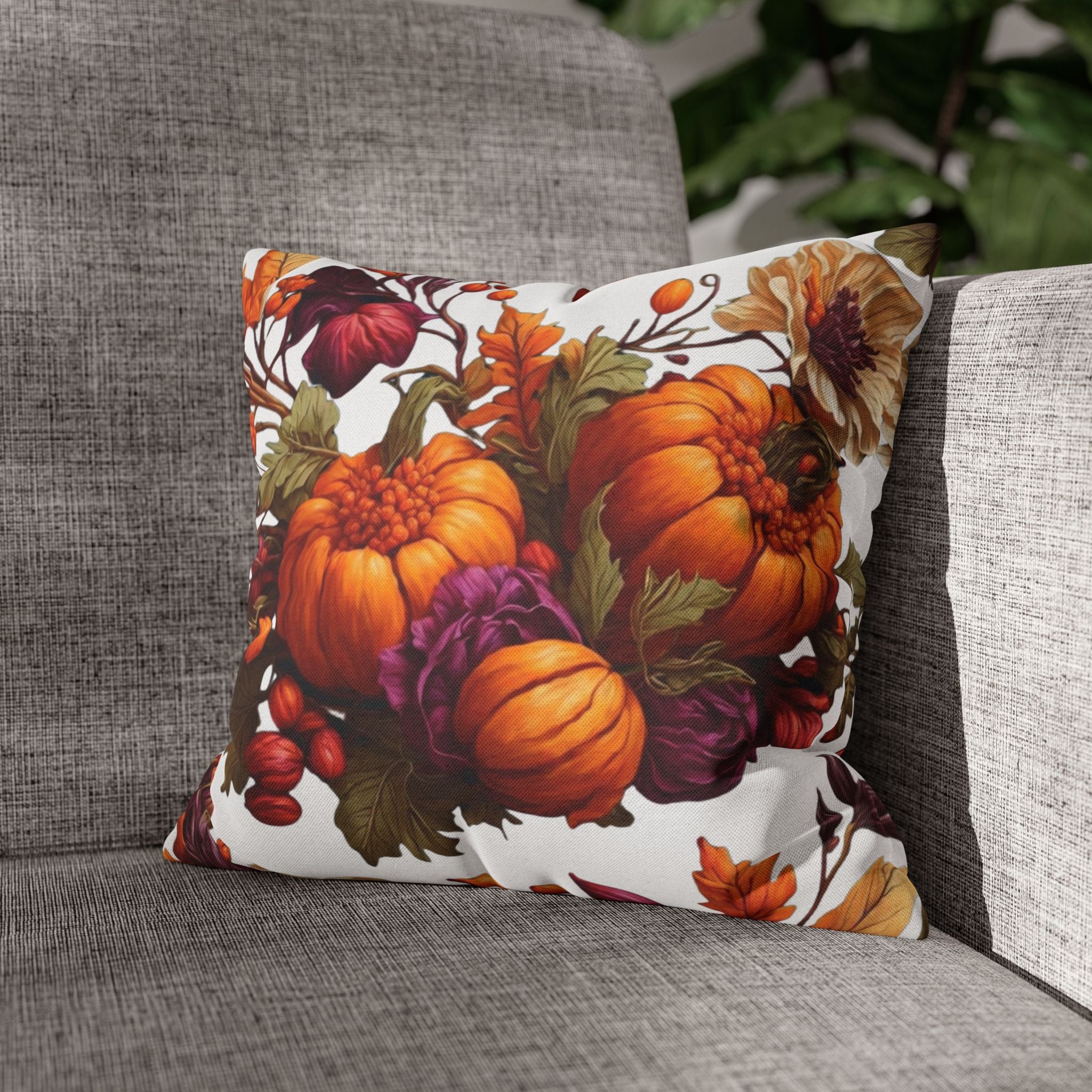 Verdant Autumn Floral and Gourds Fall Design Square Pillow Cover - Seasonal Decor for Every Room - 100% Polyester, Double-Sided Print