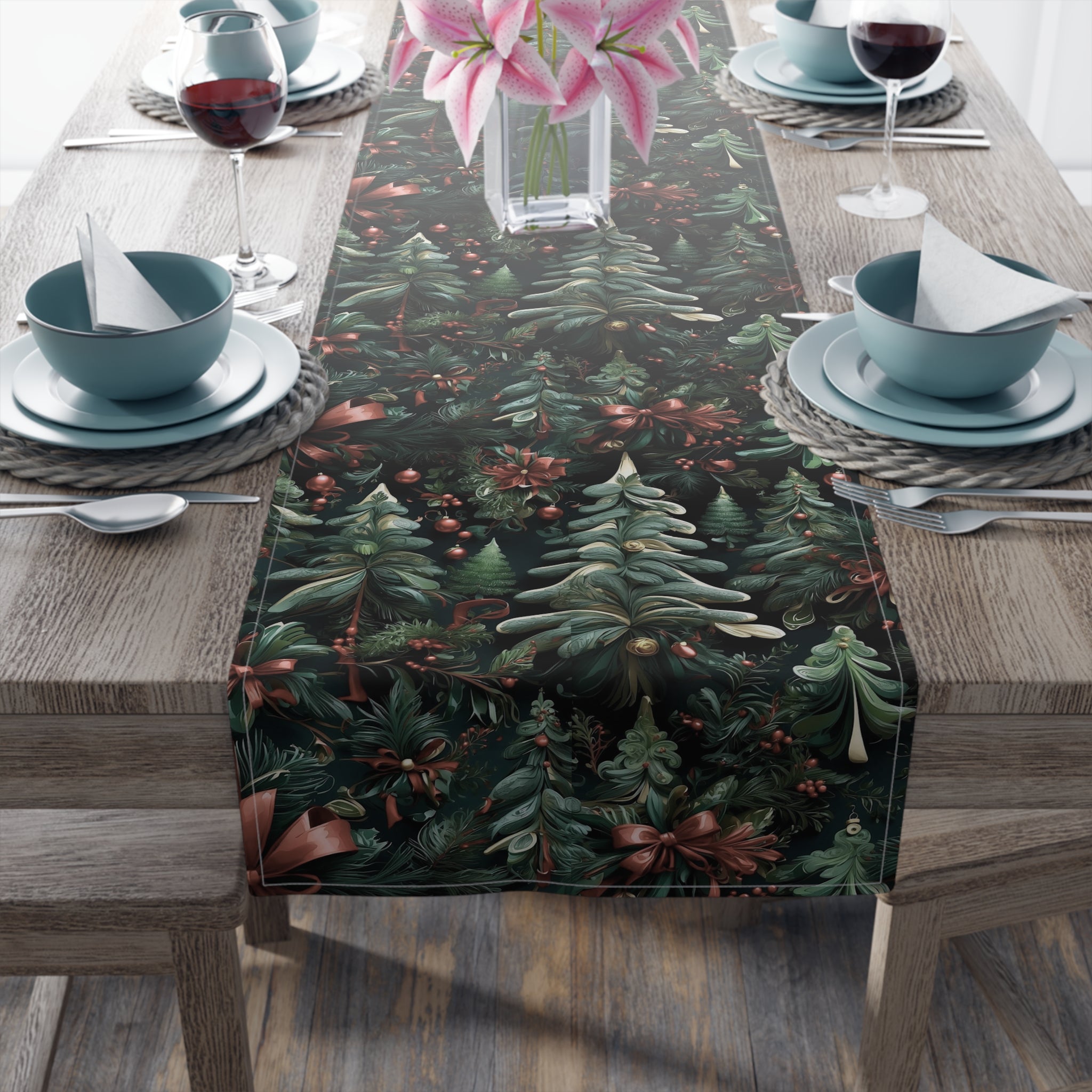 Exquisite Christmas Ribbon and Pines Design Table Runner Available in 2 Sizes and Materials