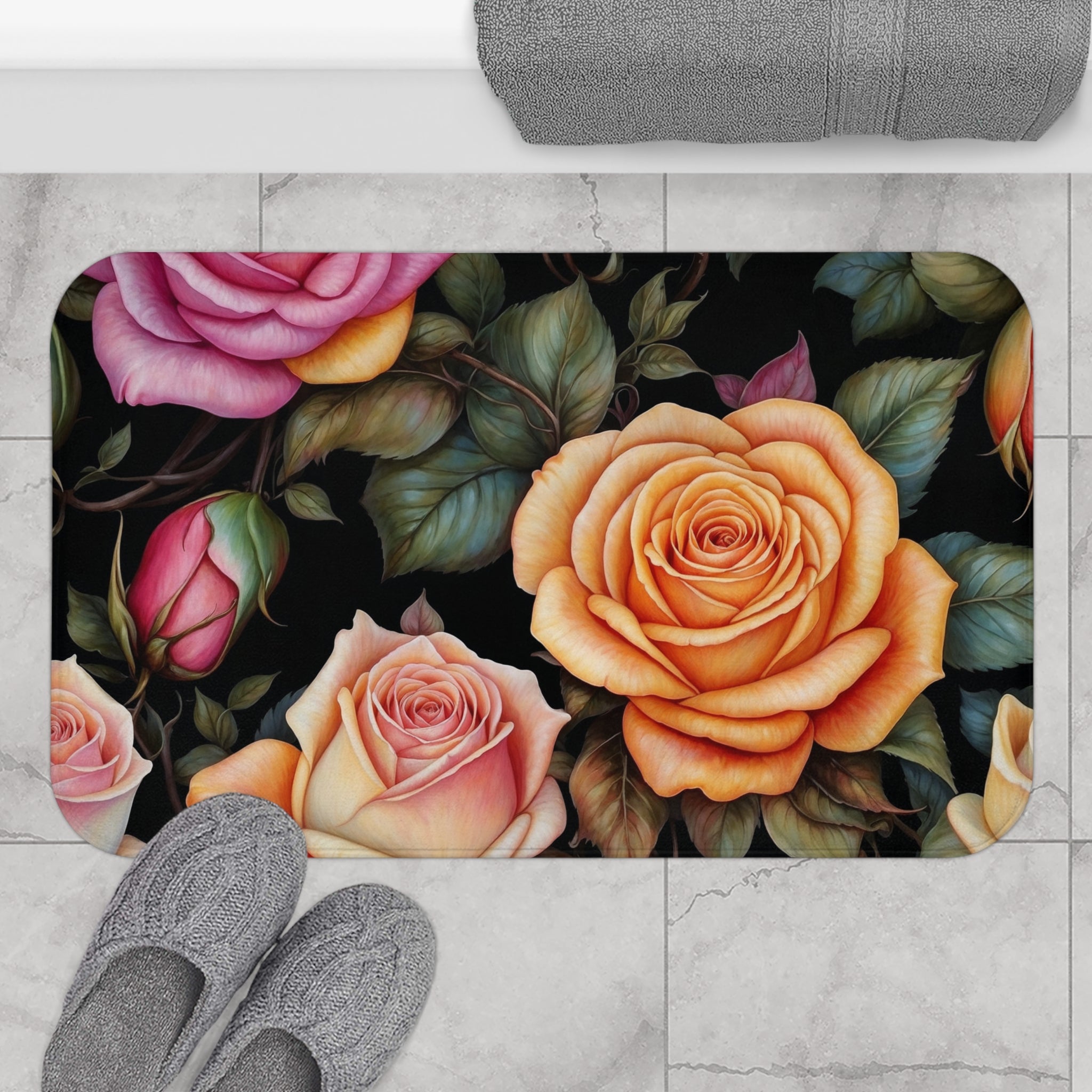 Captivating Pastel Floral Rose Designed Bath Mat