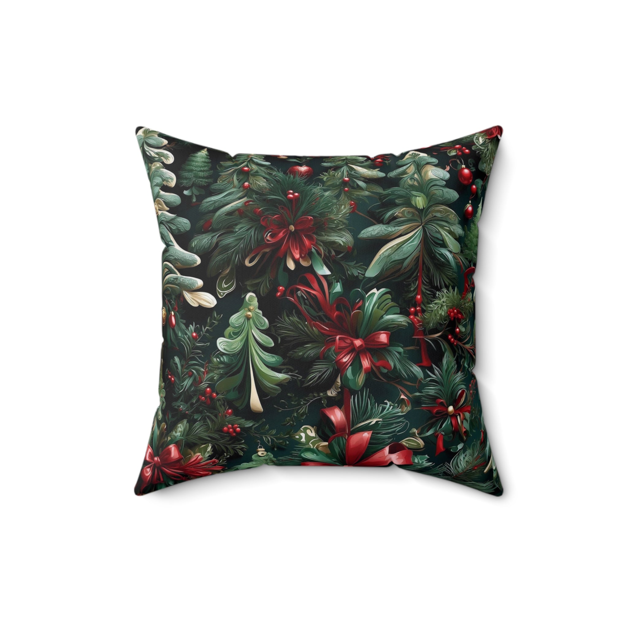 Exquisite Christmas Ribbon and Pines Designed Spun Polyester Square Pillow - Festive Throw Pillow Accents for Comfort and Style