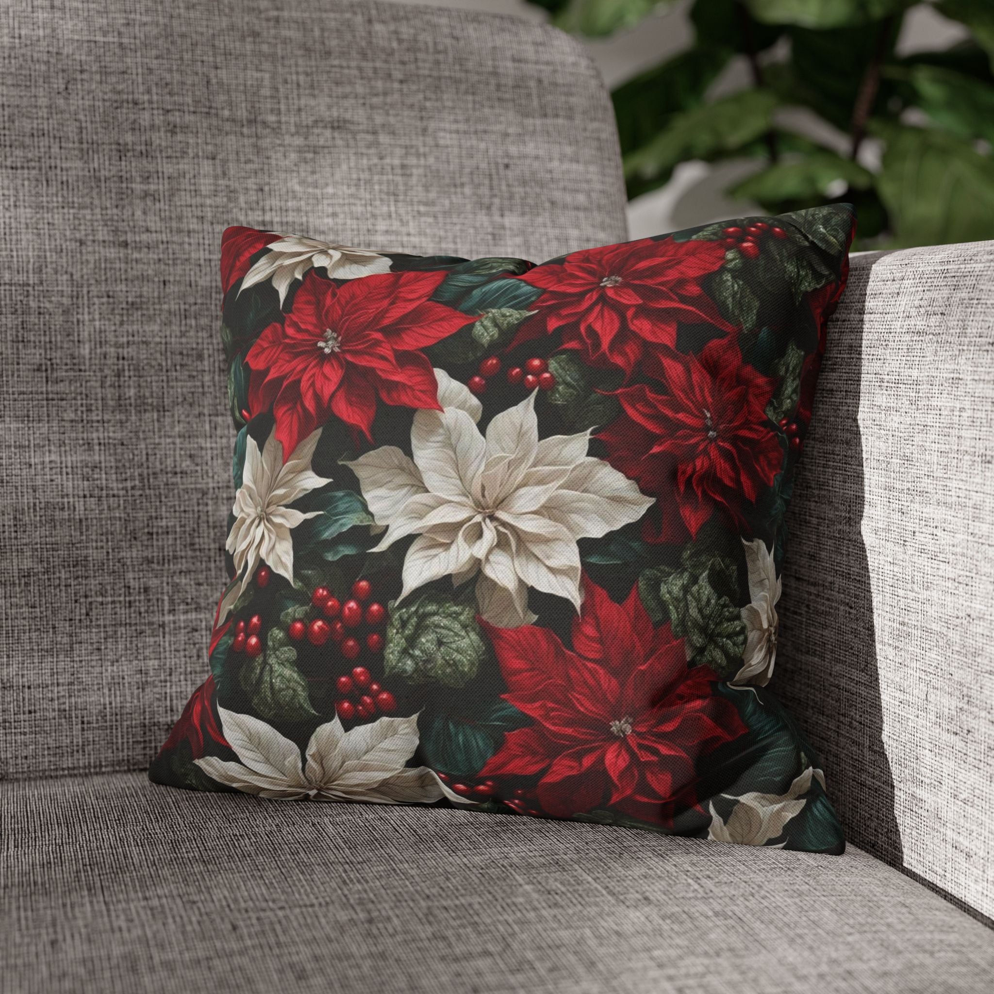 Mesmerizing Christmas Holiday Poinsettia Flowers Square Pillow Case - Personalized Décor Statement in 100% Polyester