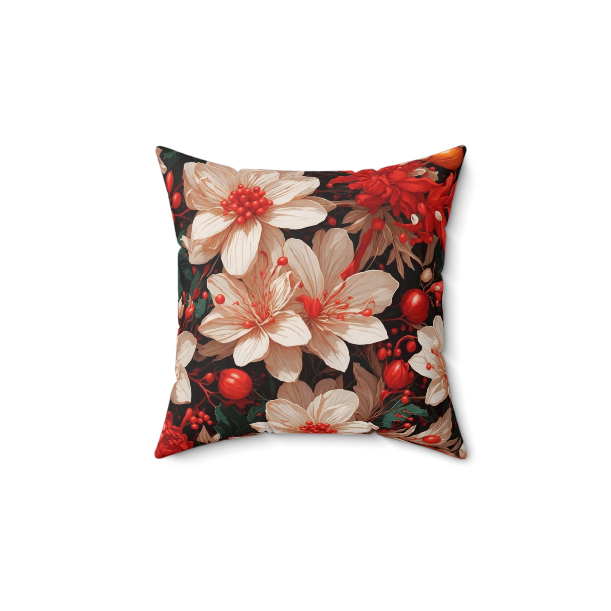 Majestic Christmas Flowers and Red Berries Designed Spun Polyester Square Pillow with Insert