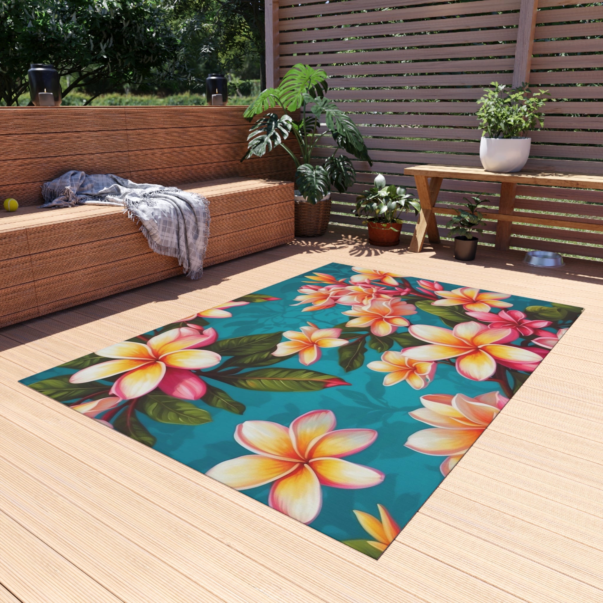 Bold Summer Plumeria Flower Designed Indoor Outdoor Rug Multiple Sizes Available