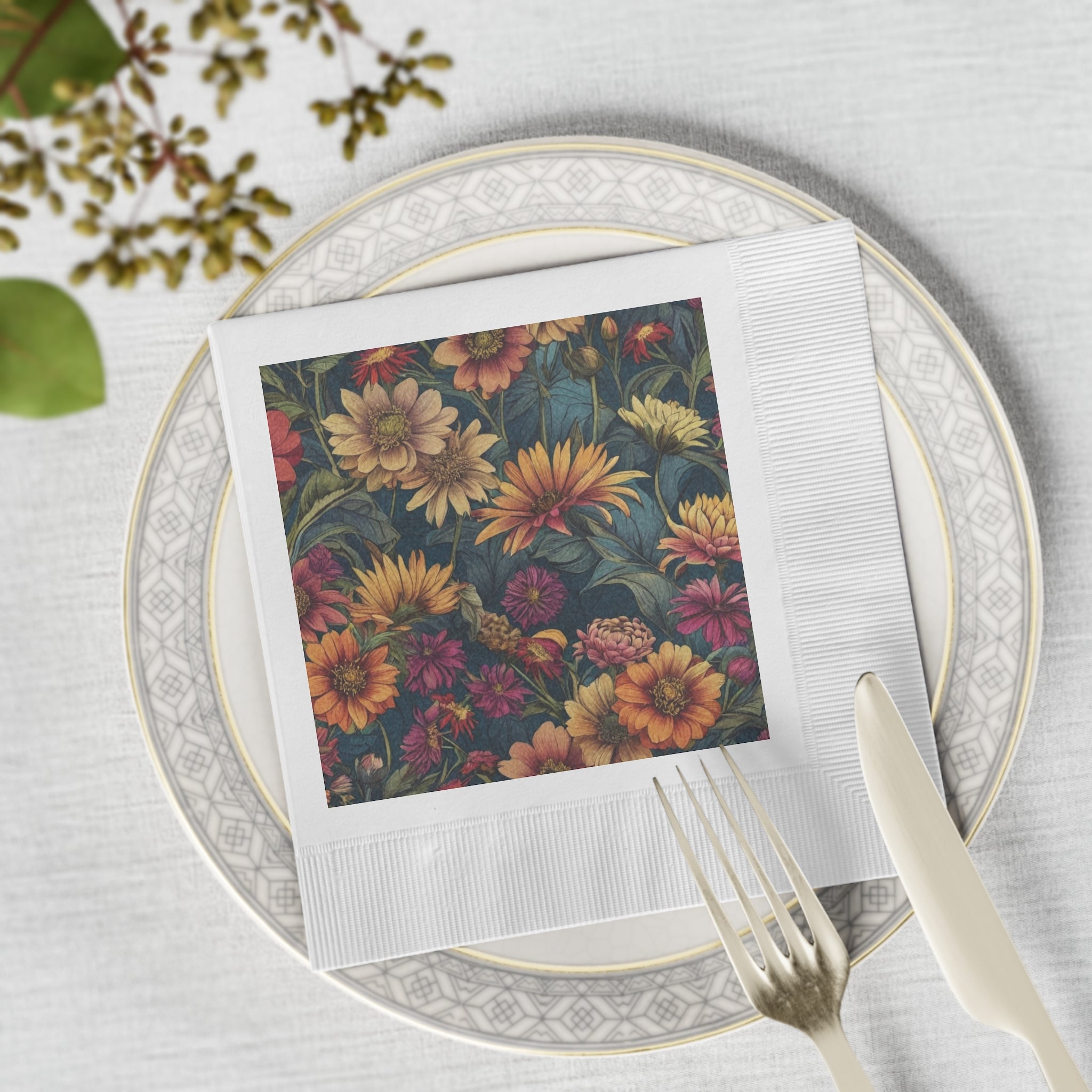 Beautiful Zinnia Blooming Garden Designed White Coined Napkins Available in 2 Sizes and Quantities