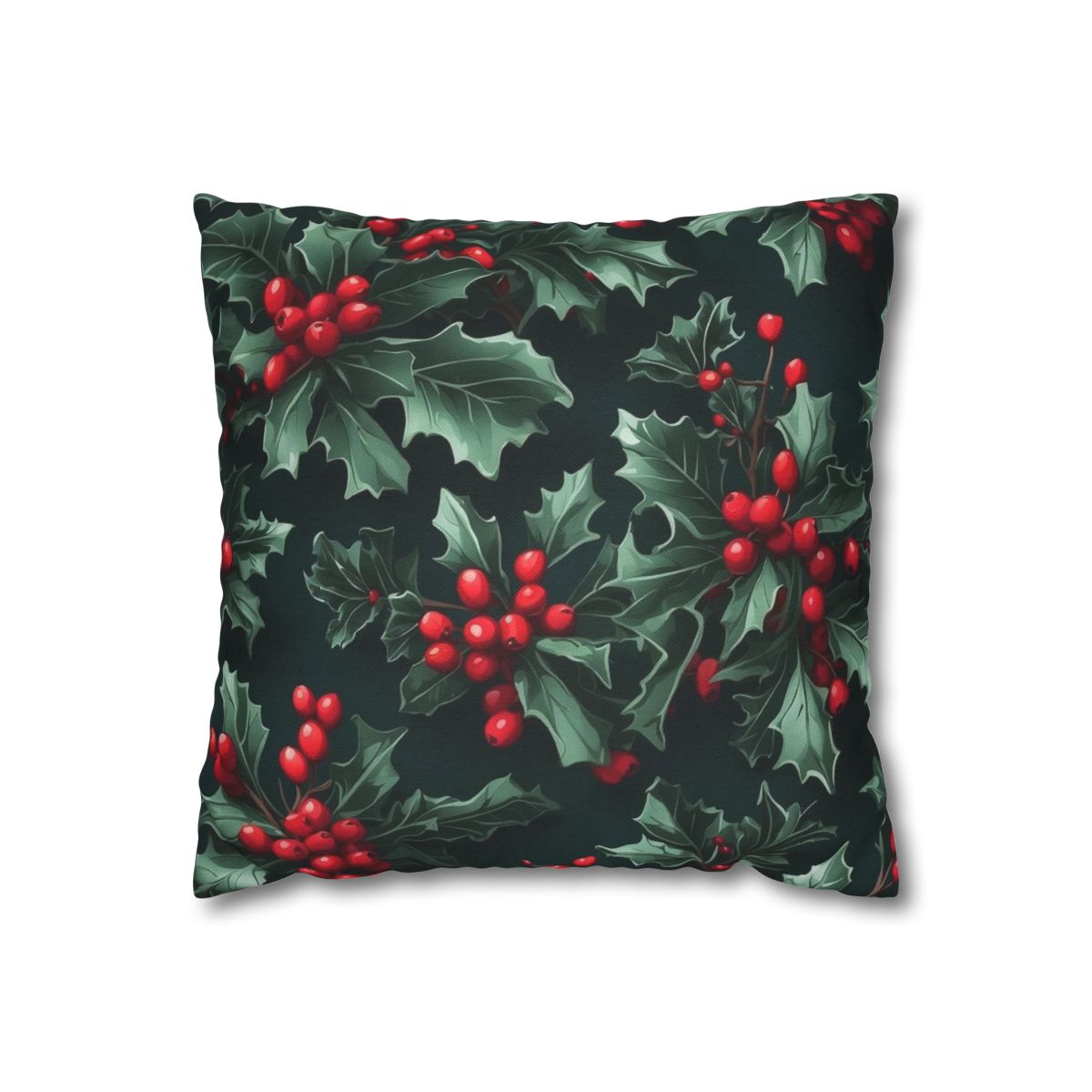 Holly and Berries Christmas Holiday Design Square Pillow Case Cover - Festive Decor for Every Room - 100% Polyester, Concealed Zipper