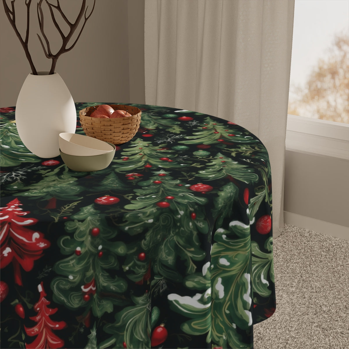 Woodland Christmas Tree Snowy Ornaments Design Tablecloth - 100% Polyester Cloth for Stylish Home Decor