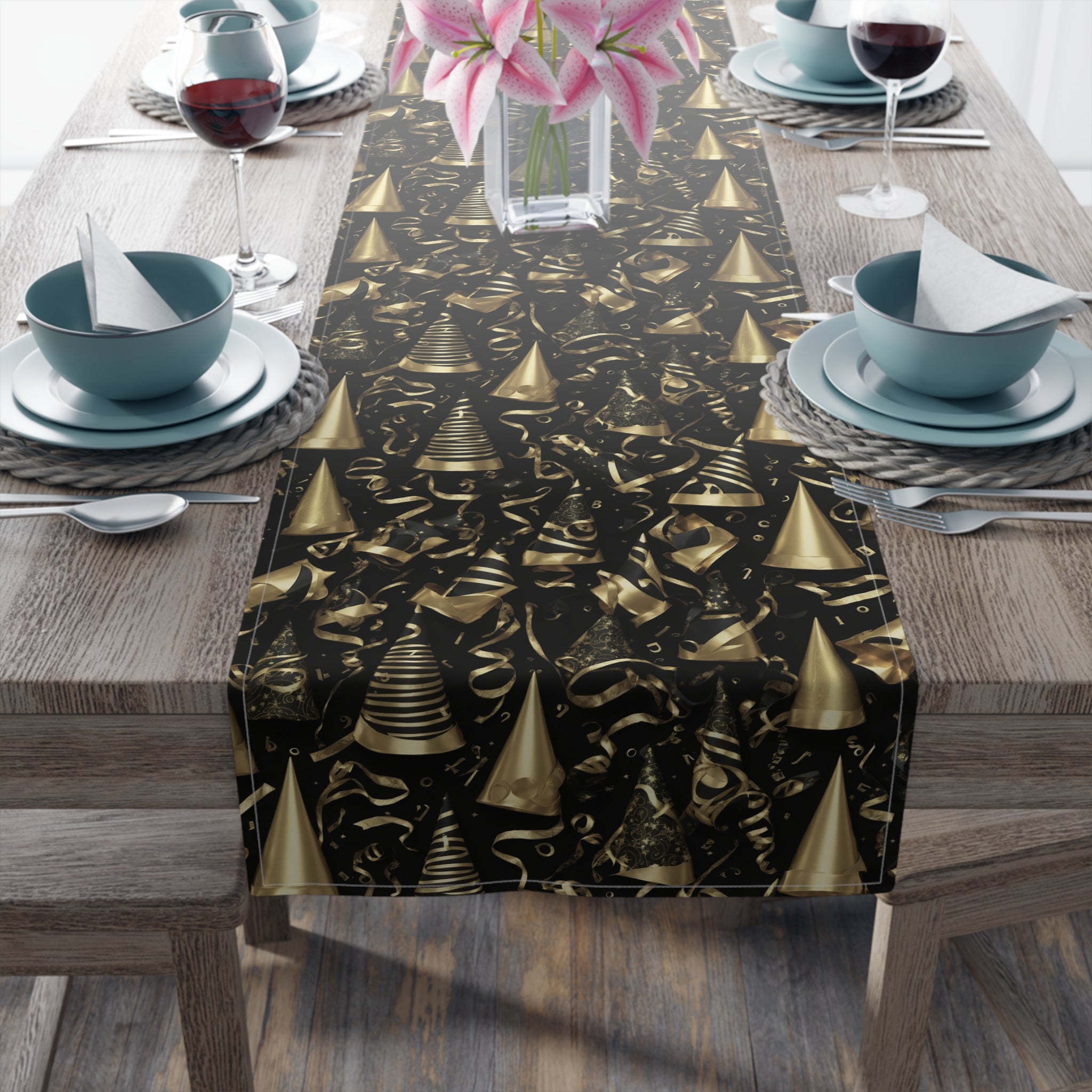 Avant-Garde Stunning Black and Gold Designed New Year's Decor Table Runner - 2 Available Sizes and Material