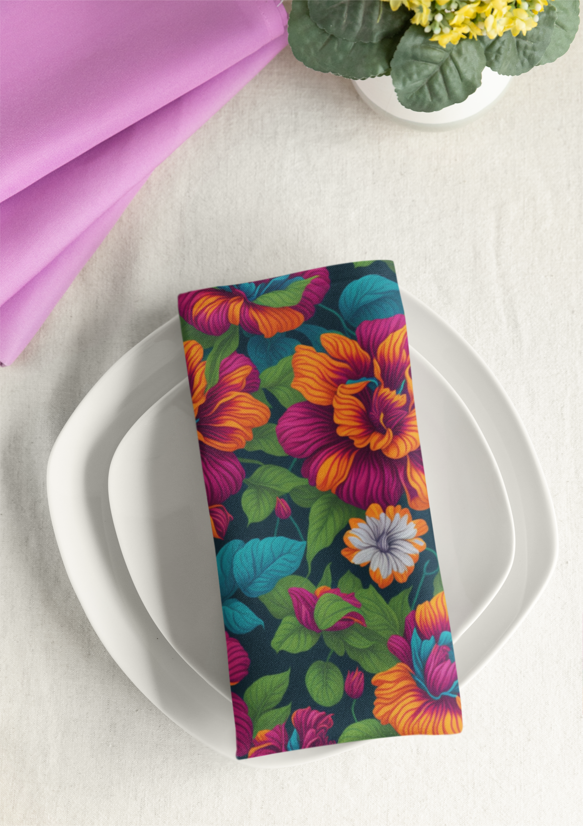 Dramatic Tropical Vesalea Flowers Designed Napkins, 4-set