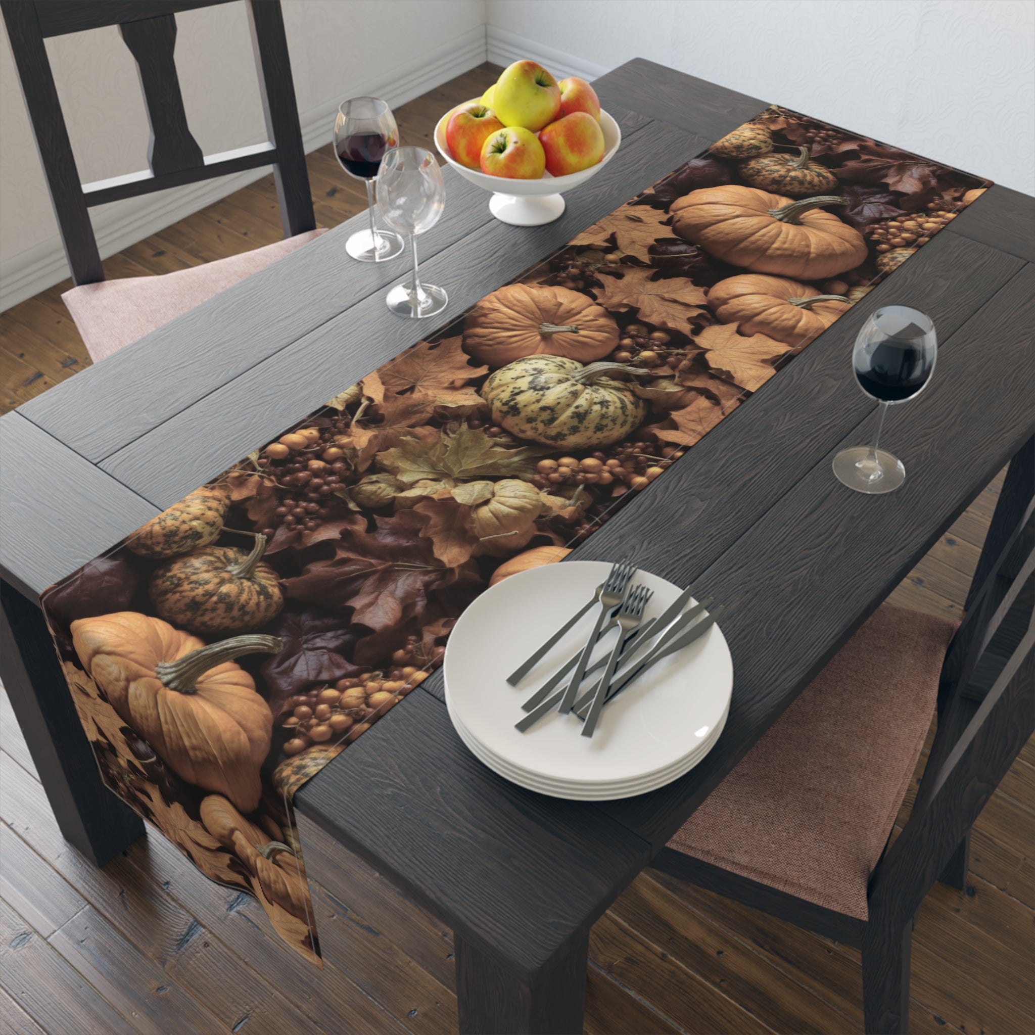 Rustic Pumpkin Harvest among Fall Foliage Designed Table Runner Available in 2 Sizes and Material