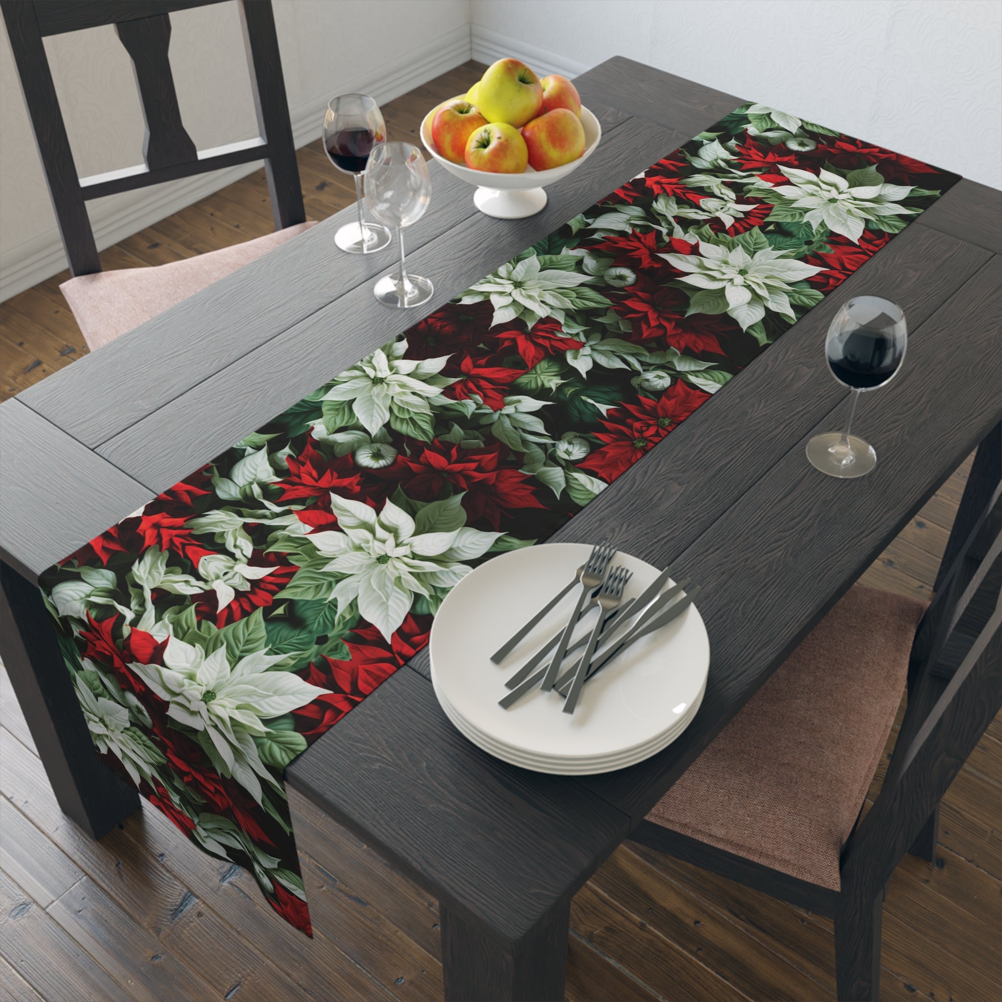 Blooming Bali Poinsettia Flowers Design Table Runner - Available in Cotton Twill or Polyester, Two Sizes