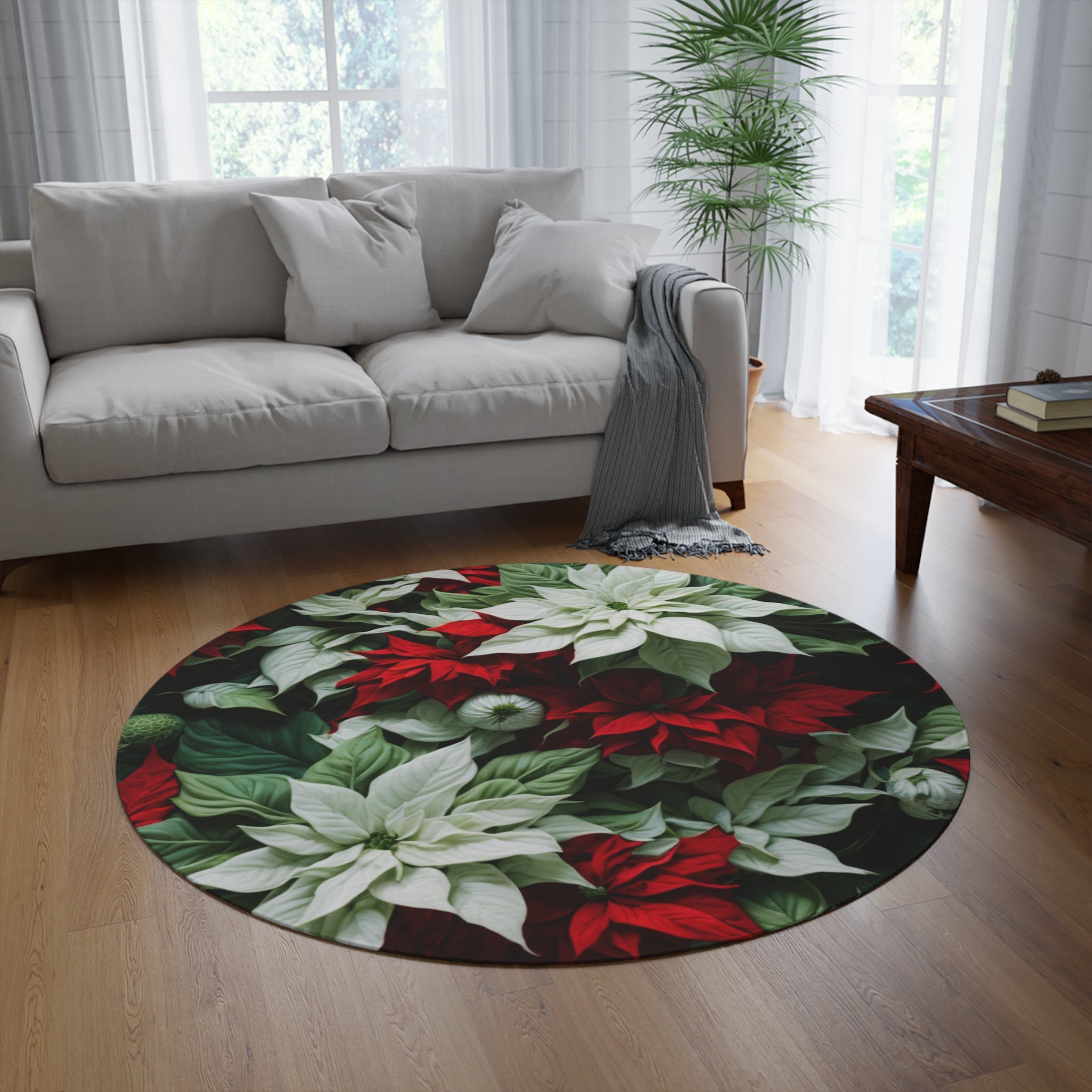 Blooming Bali Poinsettia Flower Designed 60" Round Rug