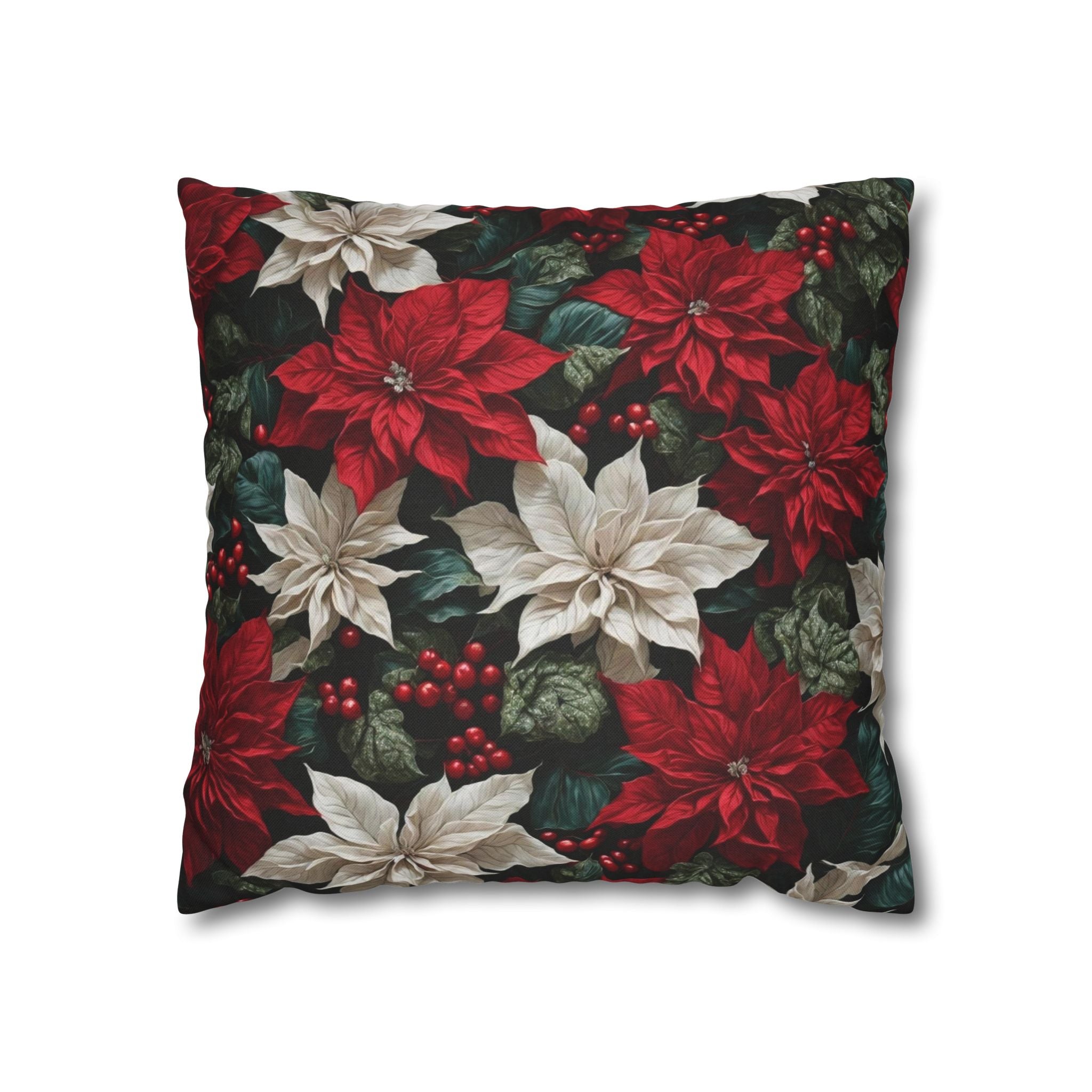 Mesmerizing Christmas Holiday Poinsettia Flowers Square Pillow Case - Personalized Décor Statement in 100% Polyester