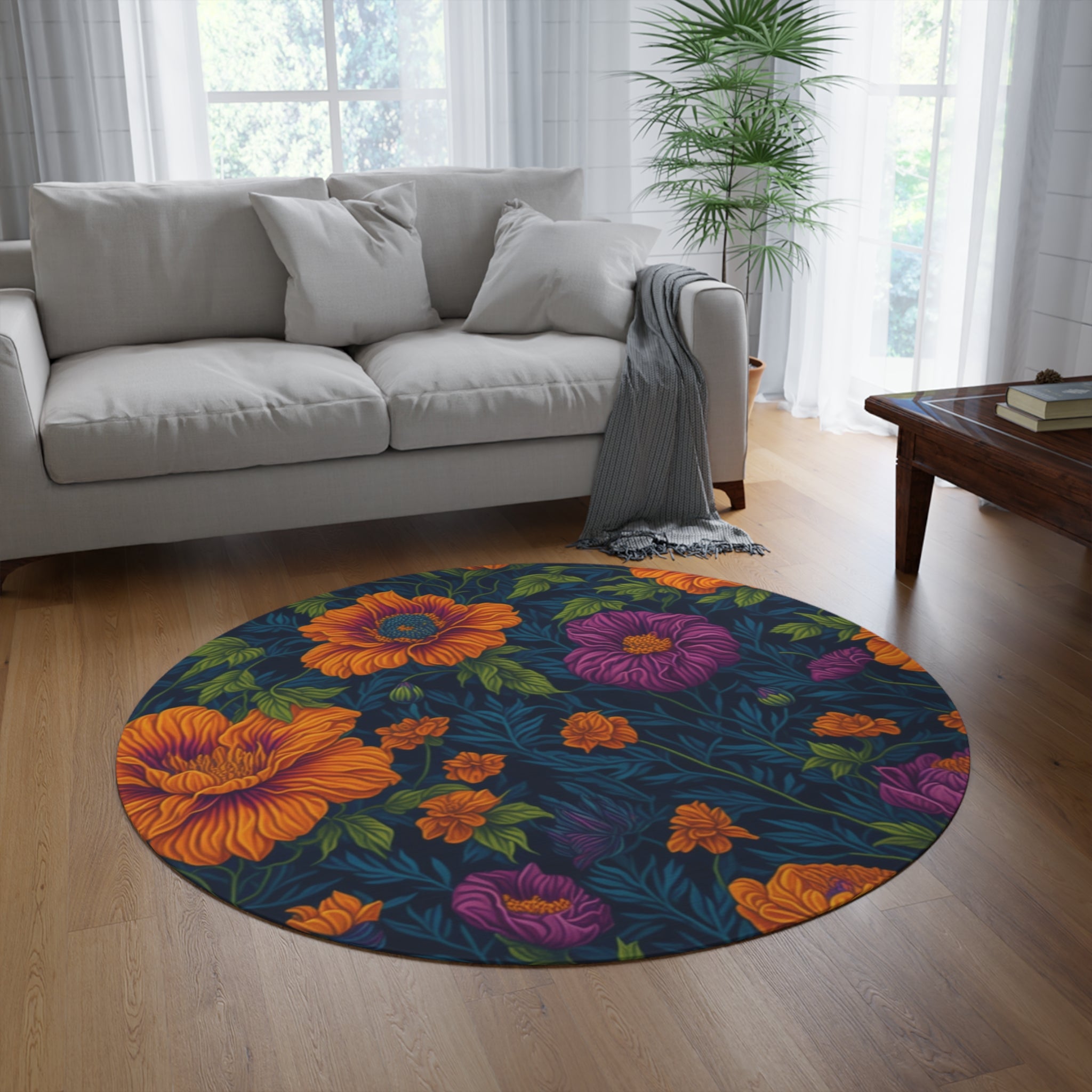 Botanical Tetraneuris Flowers Designed 60" Round Rug