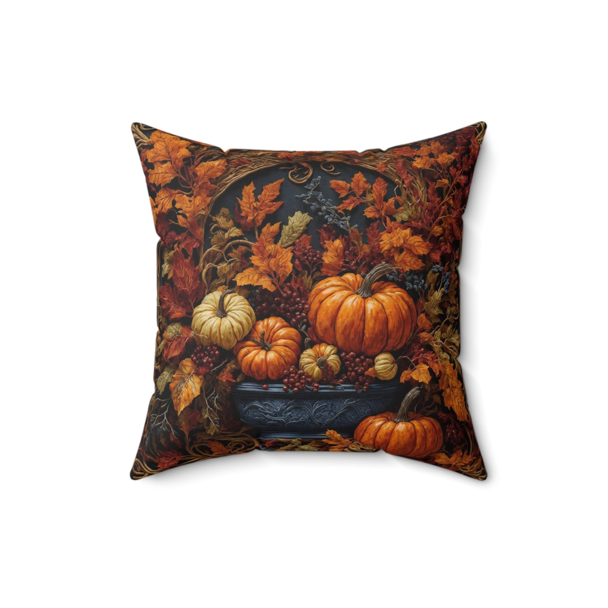 Autumn Collage Gourds & Leaves Fall Designed Spun Polyester Square Throw Pillow with Insert