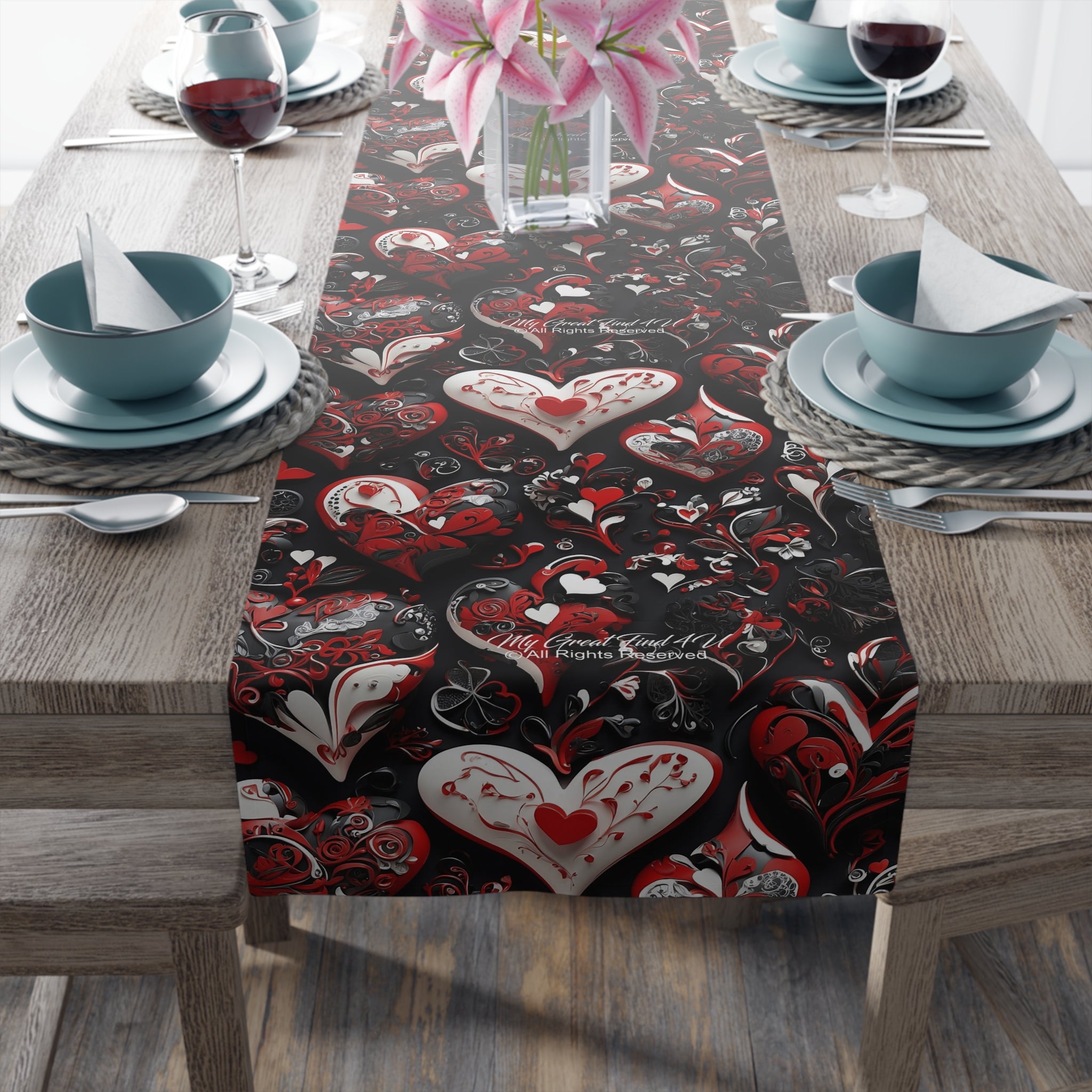 Sophisticated Valentine Heart Designed Table Runner - Cotton Twill & Polyester Options - Valentine's Day Dining room Runner - Kitchen Valentine Decor