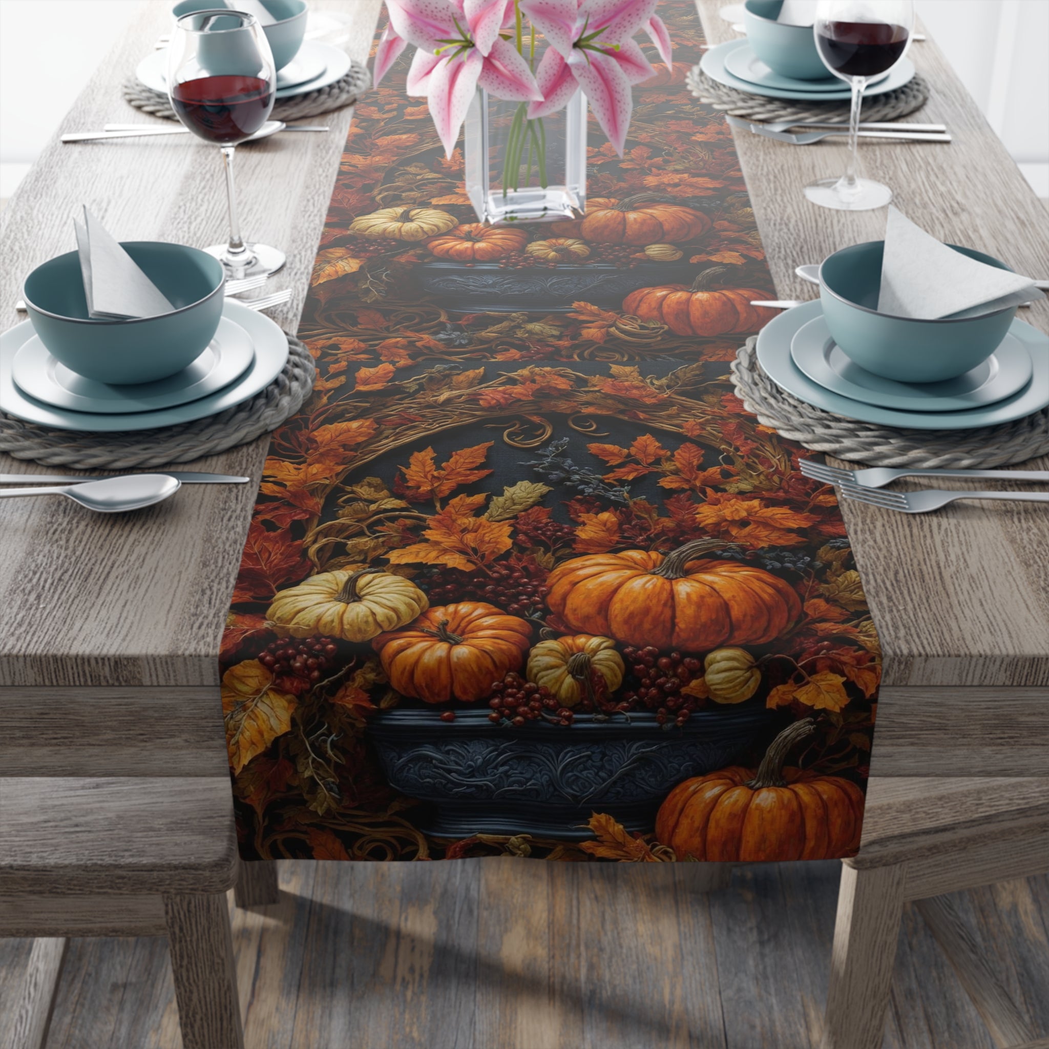 Autumn Collage Gourds & Leaves Fall Design Table Runner (Cotton, Poly) 2 Sizes Available