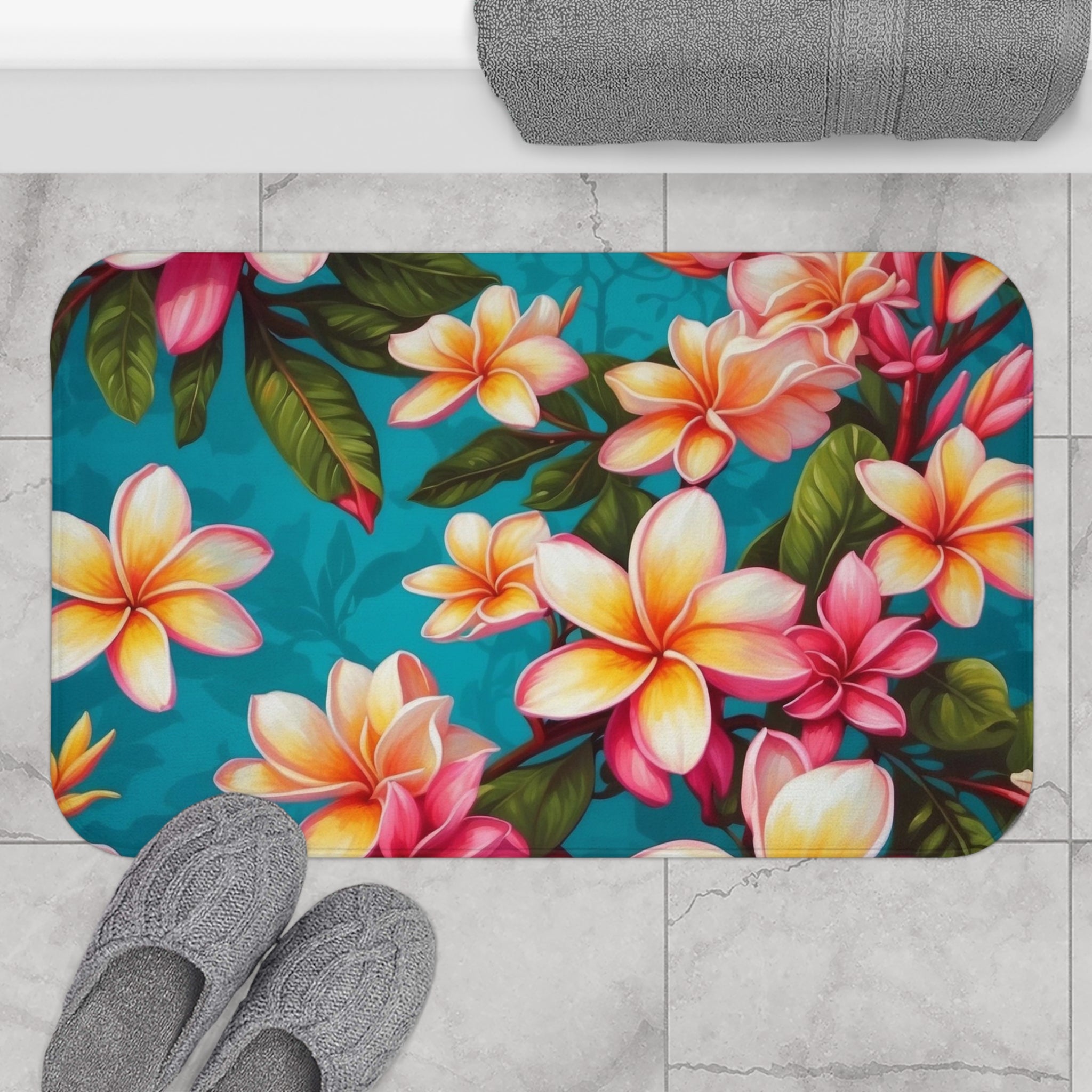 Bold Summer Plumeria Flower Design Bath Mat