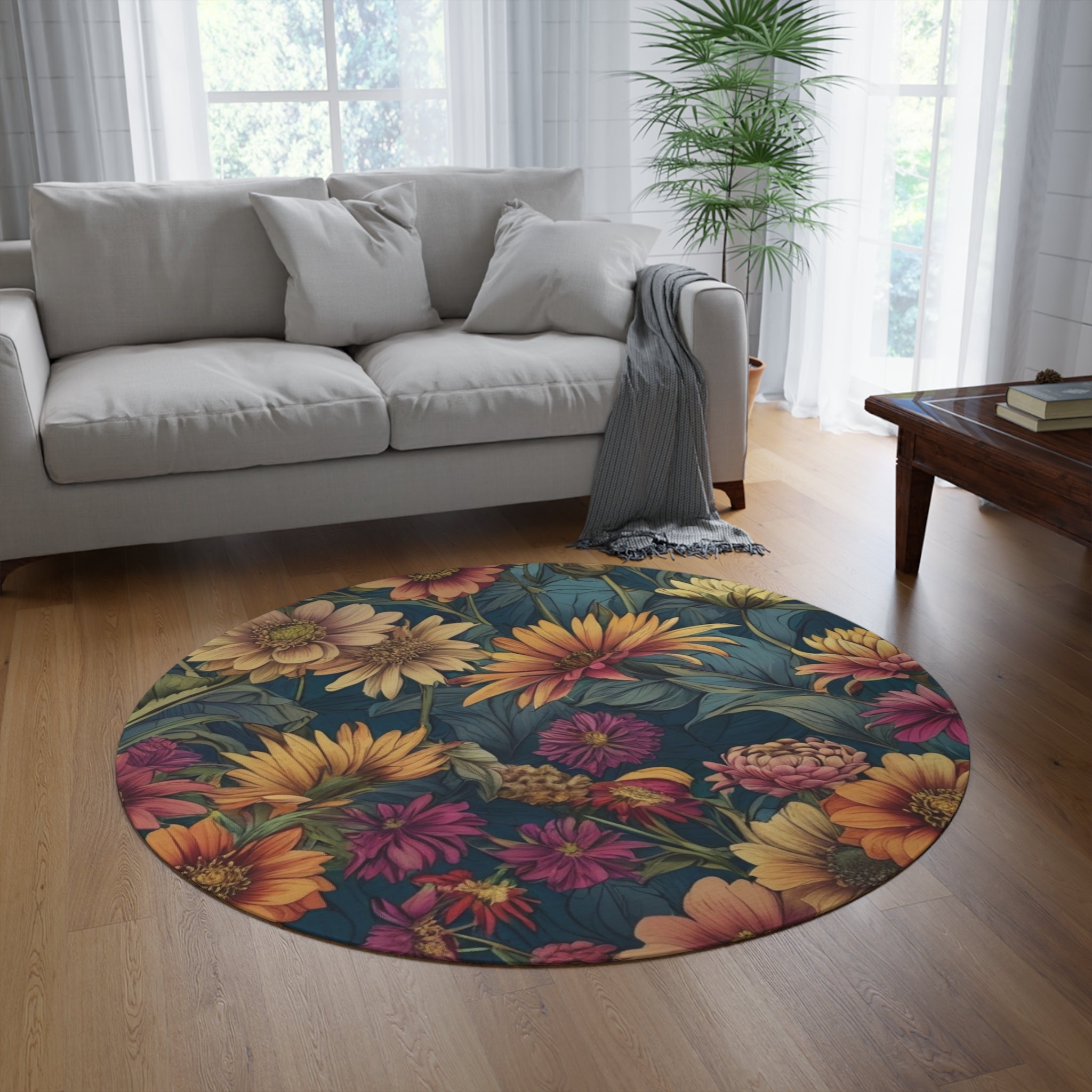 Beautiful Zinnia Blooming Garden Designed 60" Round Rug