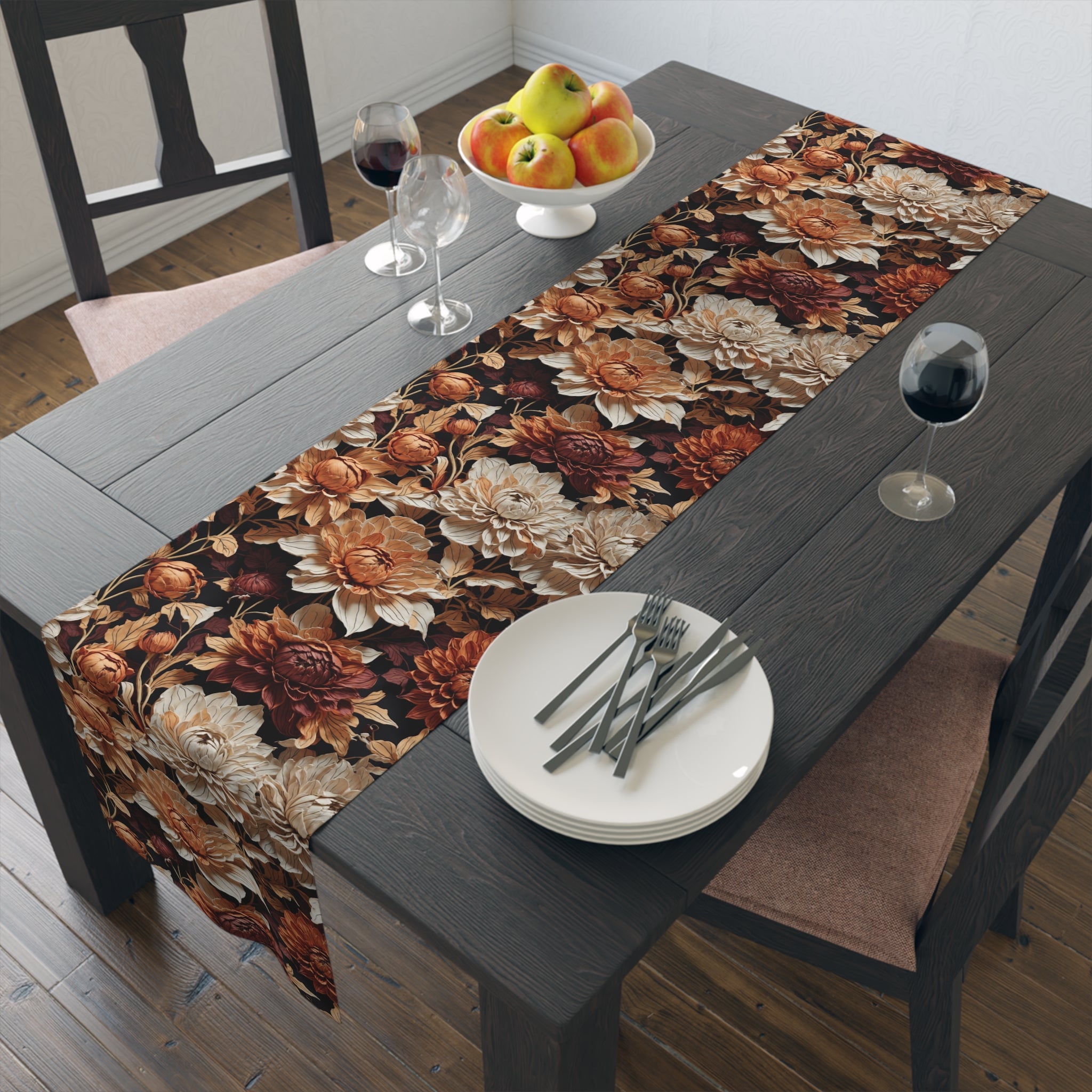 Delicate Autumn Dahlia Hues Fall Floral Table Runner (Cotton, Poly)