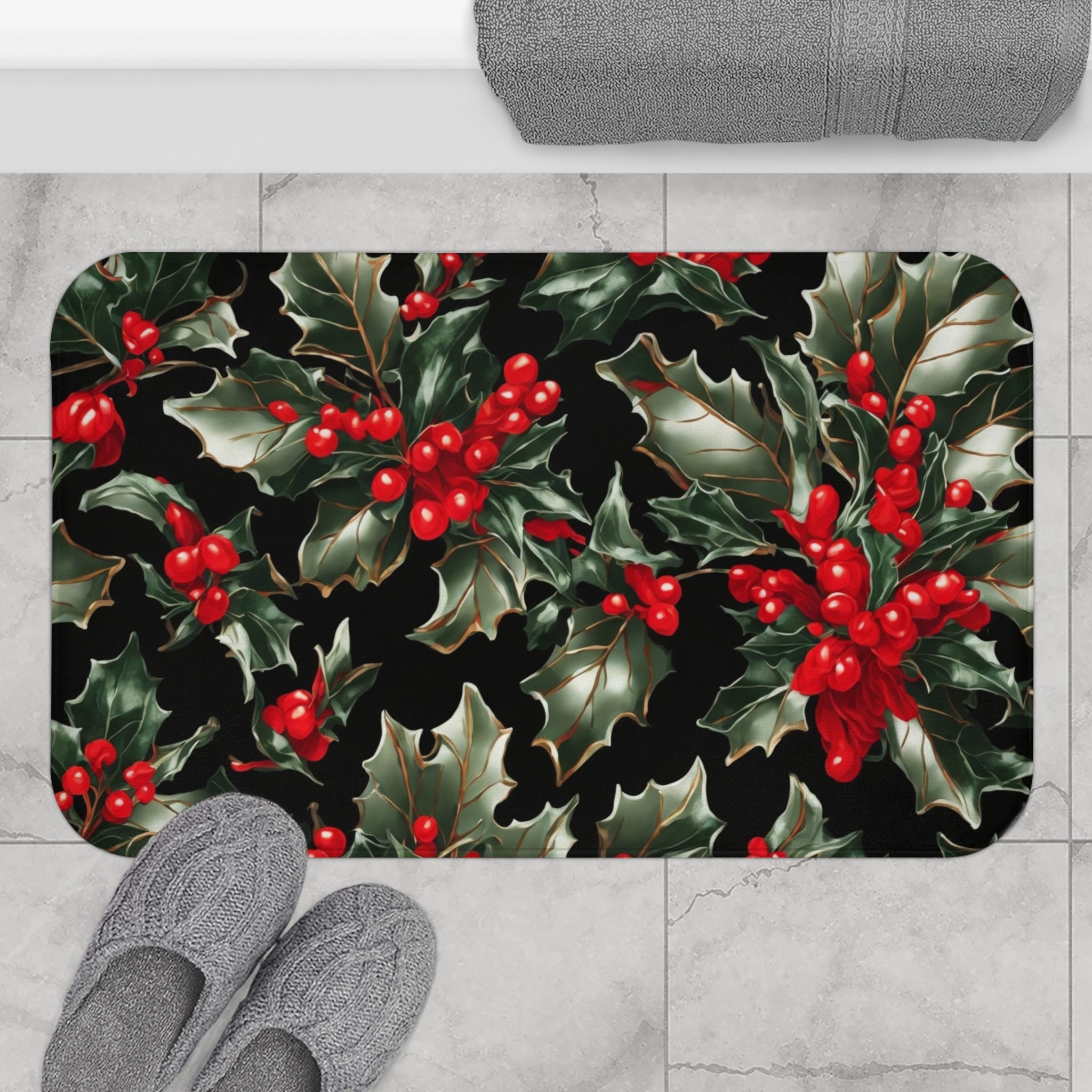 Elegant Holly of Christmas Designed Bath Mat Available in 2 Sizes