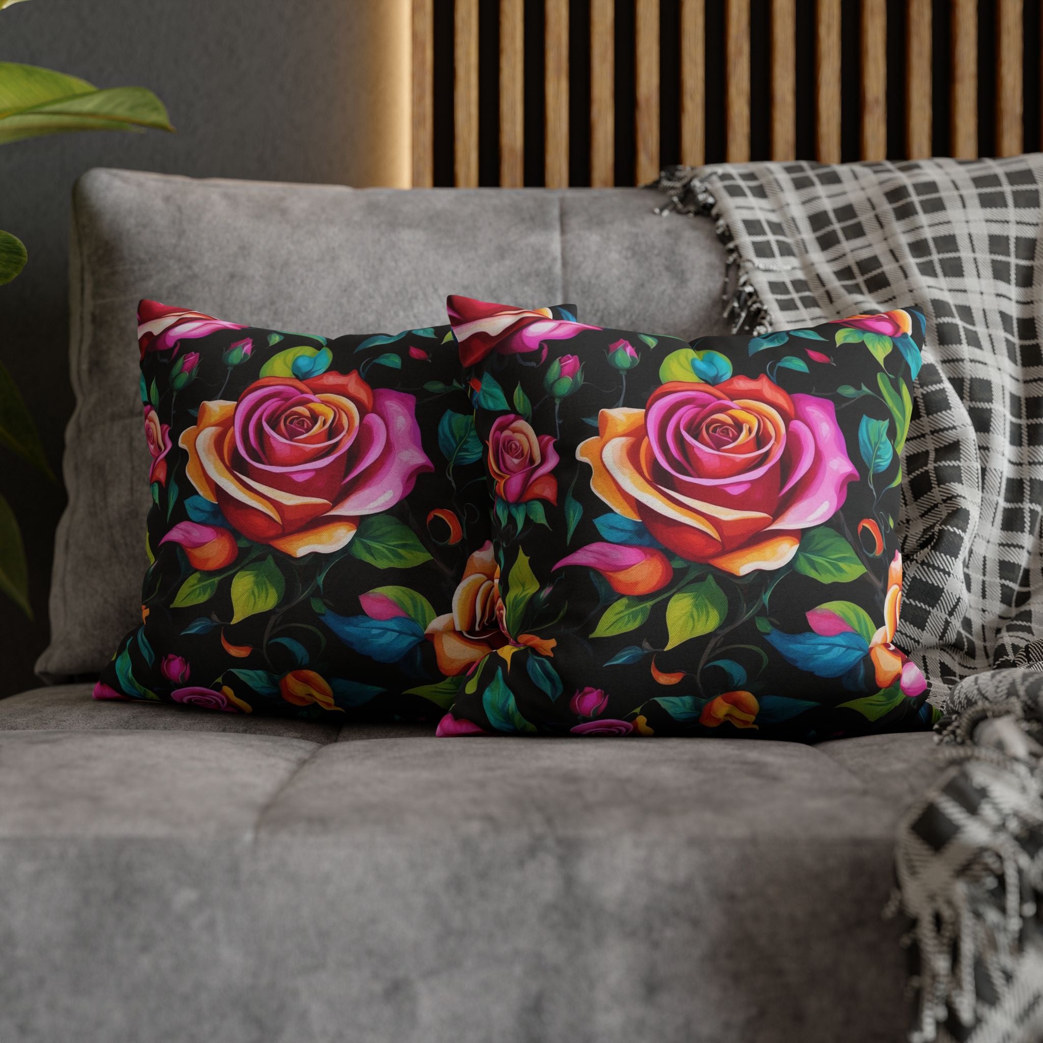 Illuminating Black Light Roses Designed Spun Polyester Pillow Case Cover