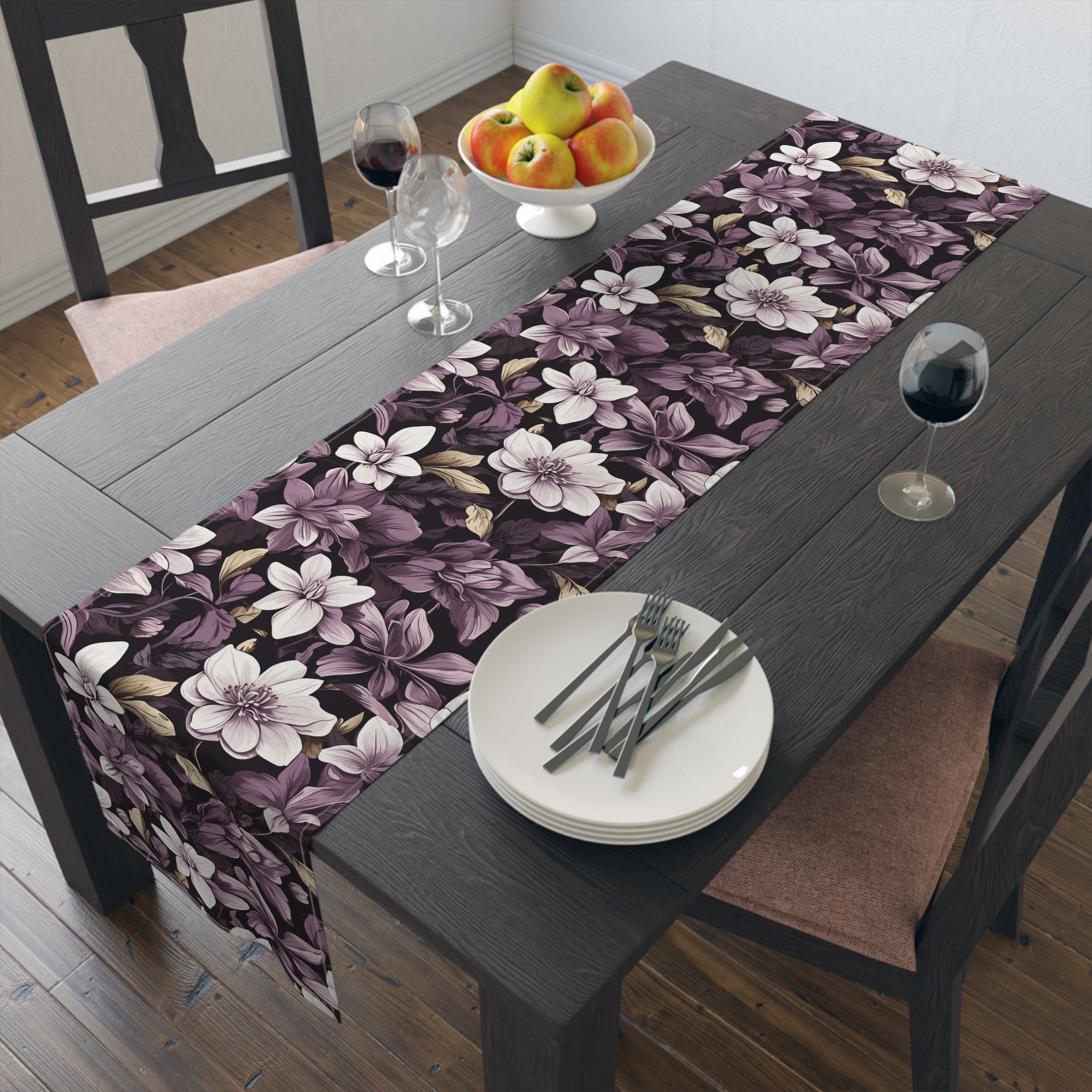 Brilliant Spring Floral in Purple Basil Designed Table Runner (Cotton, Poly) 2 Sizes and Materials Available