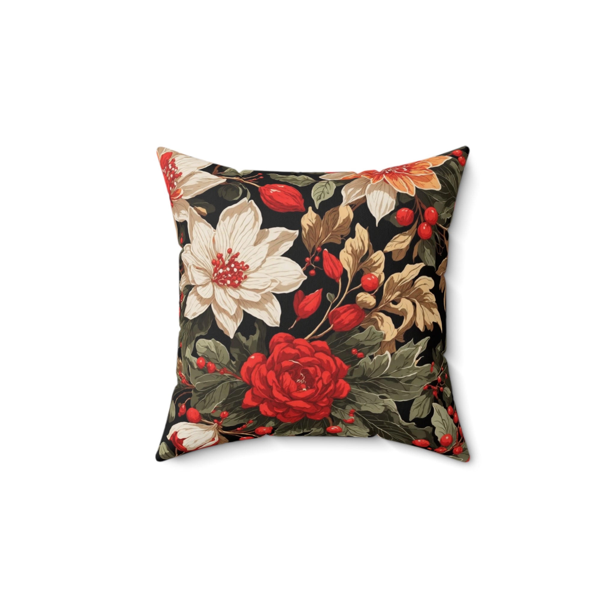 Elevate Your Holiday Decor with the Brilliant Christmas Floral Design Spun Polyester Square Pillow - Create a Festive and Cozy Retreat