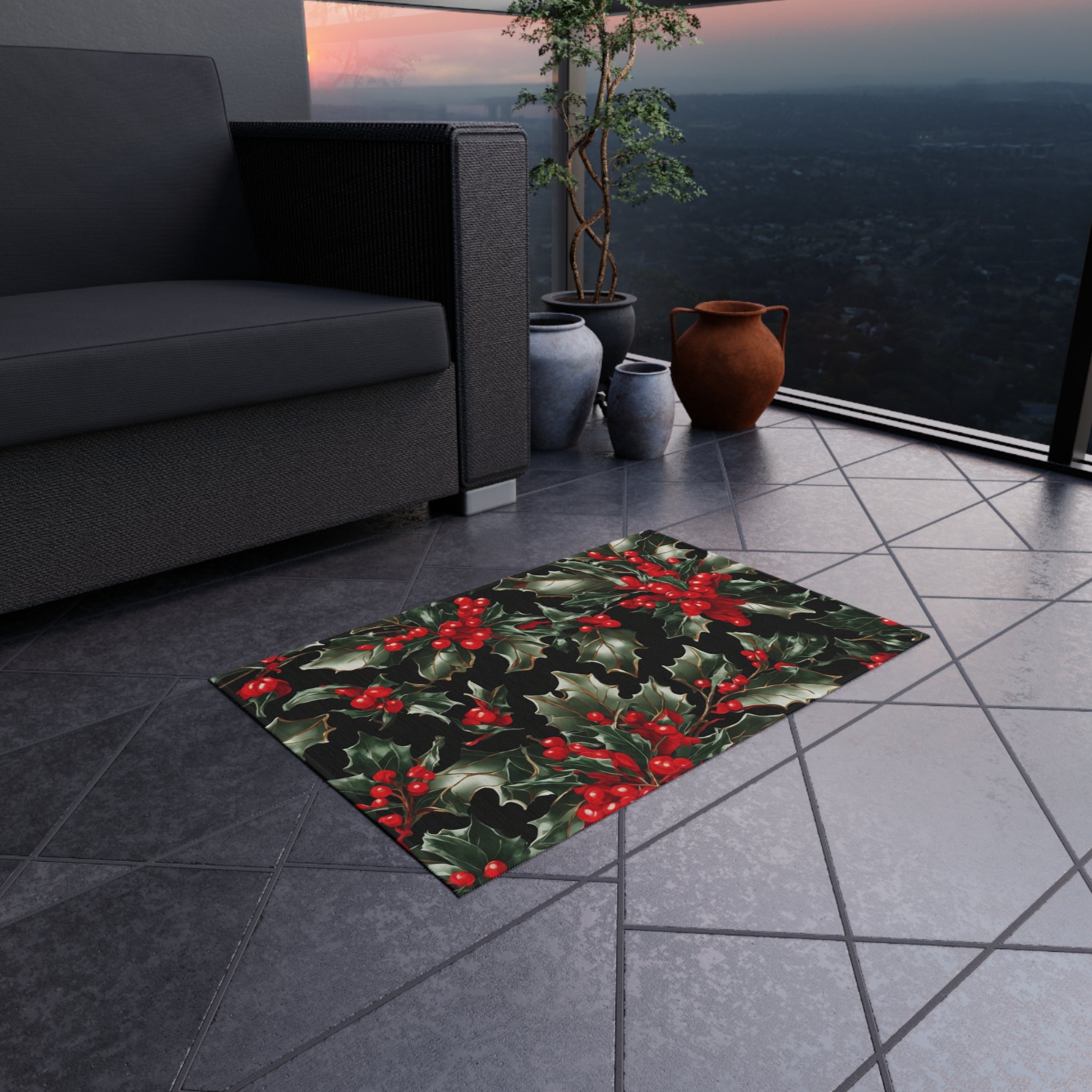 Elegant Holly of Christmas Designed Indoor Outdoor Rugs Available in 6 Sizes