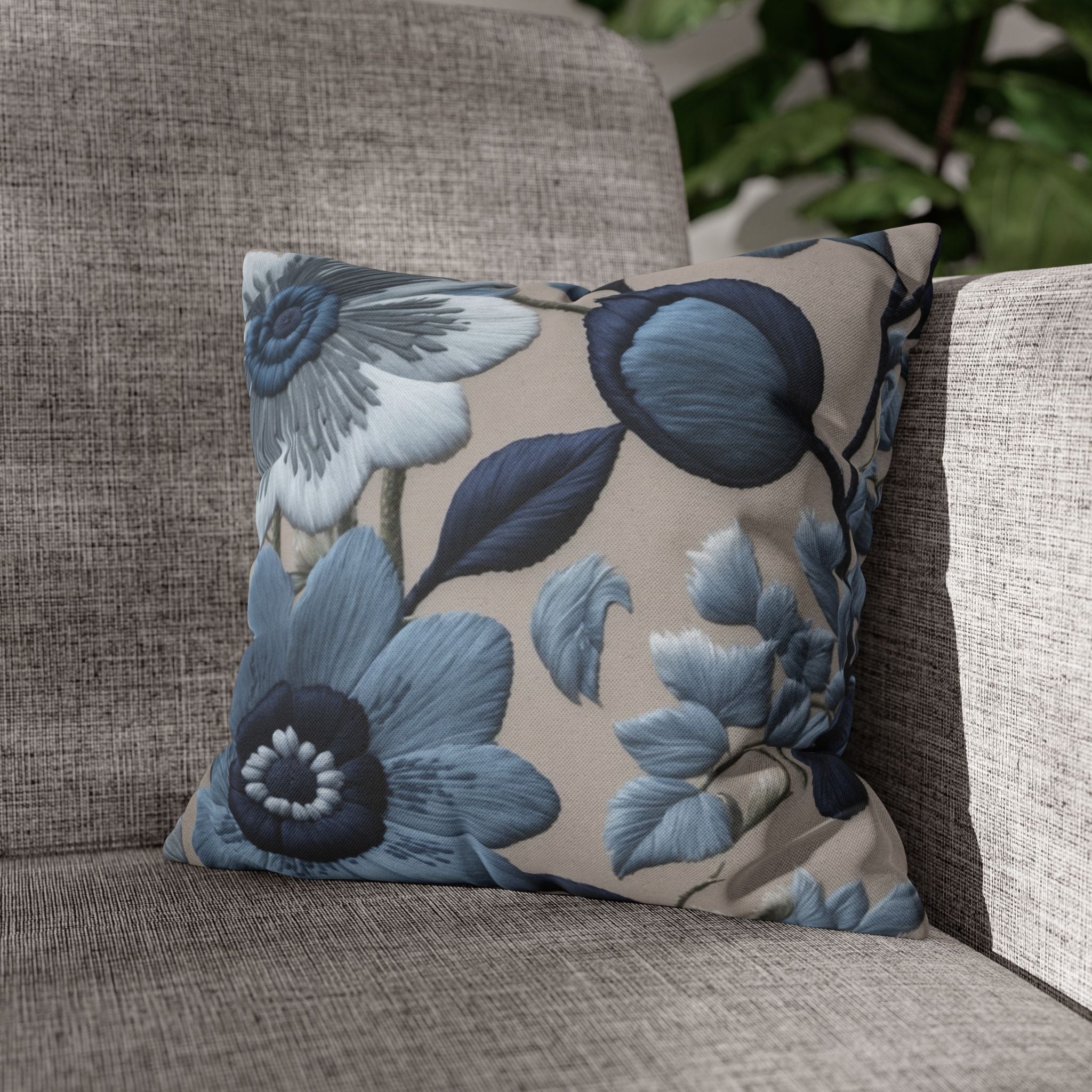 Graceful Blue Spring Floral Embroidered Look pillow cover Spun Polyester Square Pillowcase