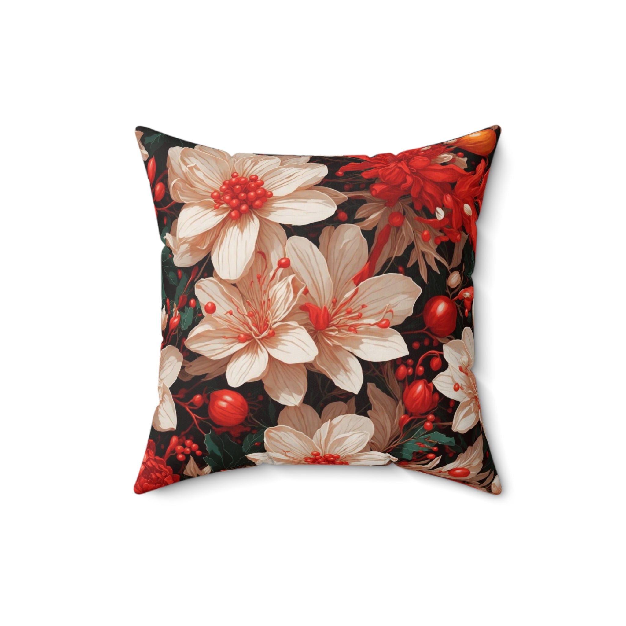 Majestic Christmas Flowers and Red Berries Designed Spun Polyester Square Pillow with Insert