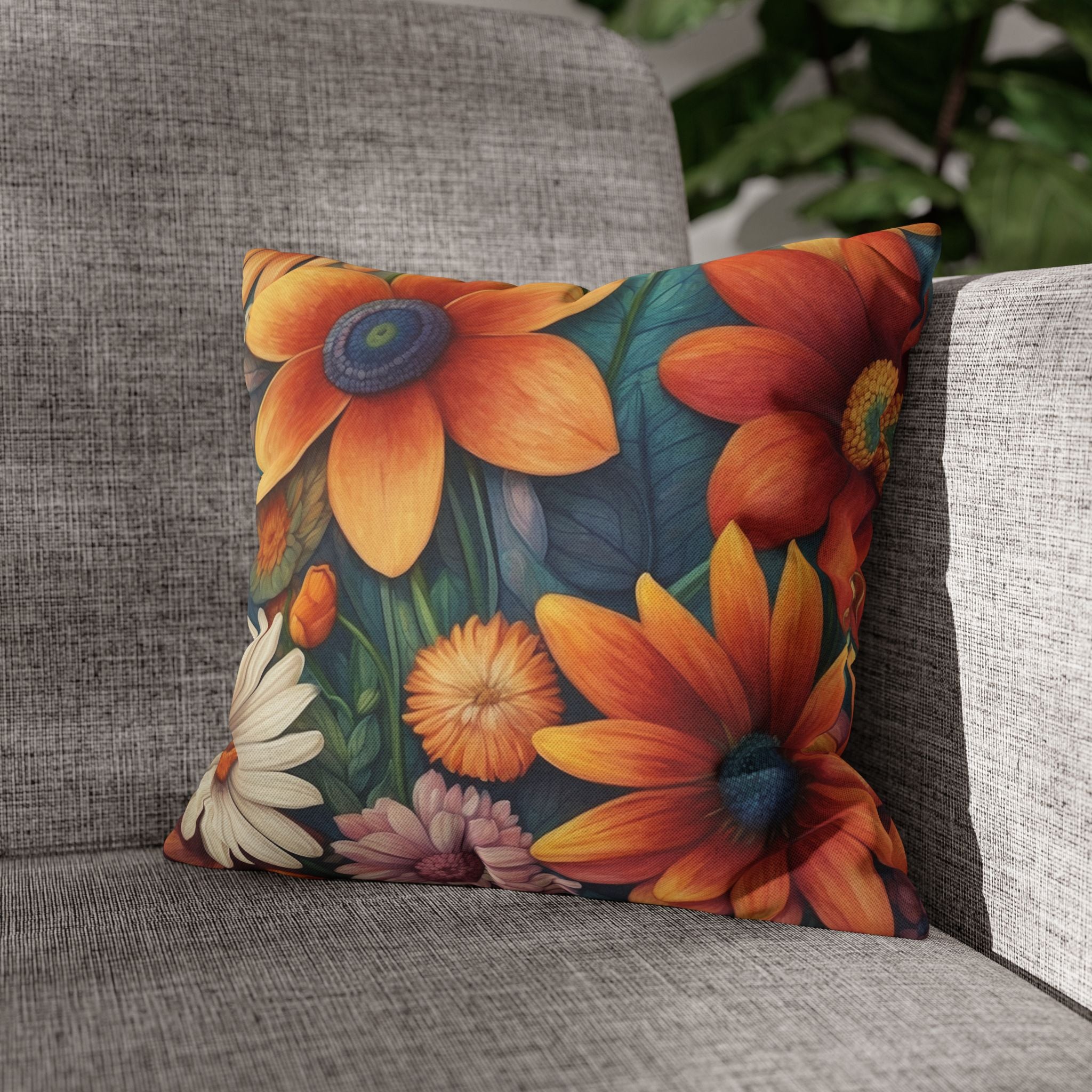 Summertime Full of Colorful Flowers Spun Polyester Square Pillowcase