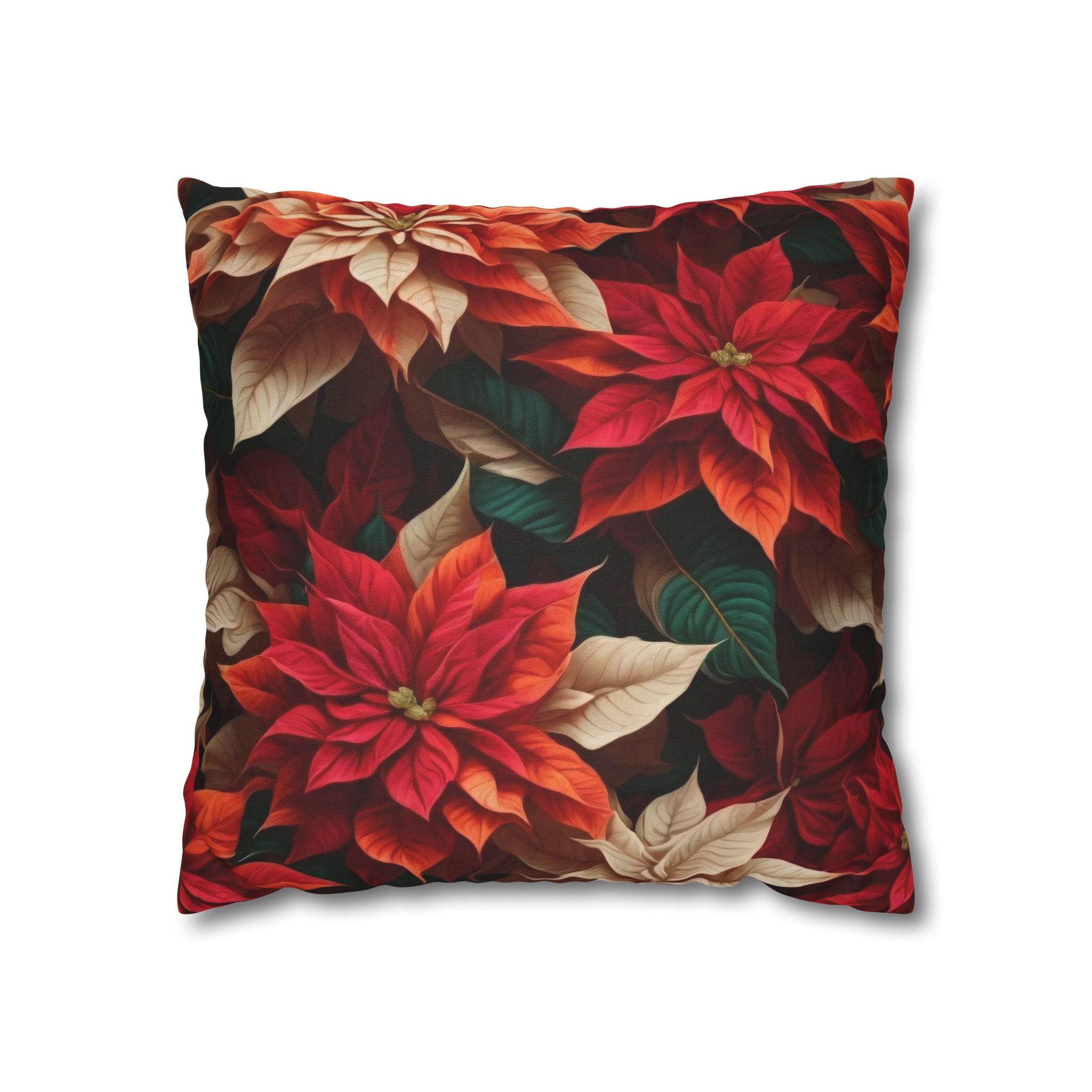 Colorful Bunches of Poinsettias Floral Christmas Holiday Square Pillow Cover - Festive Decor Every Room - 100% Polyester, Concealed Zipper