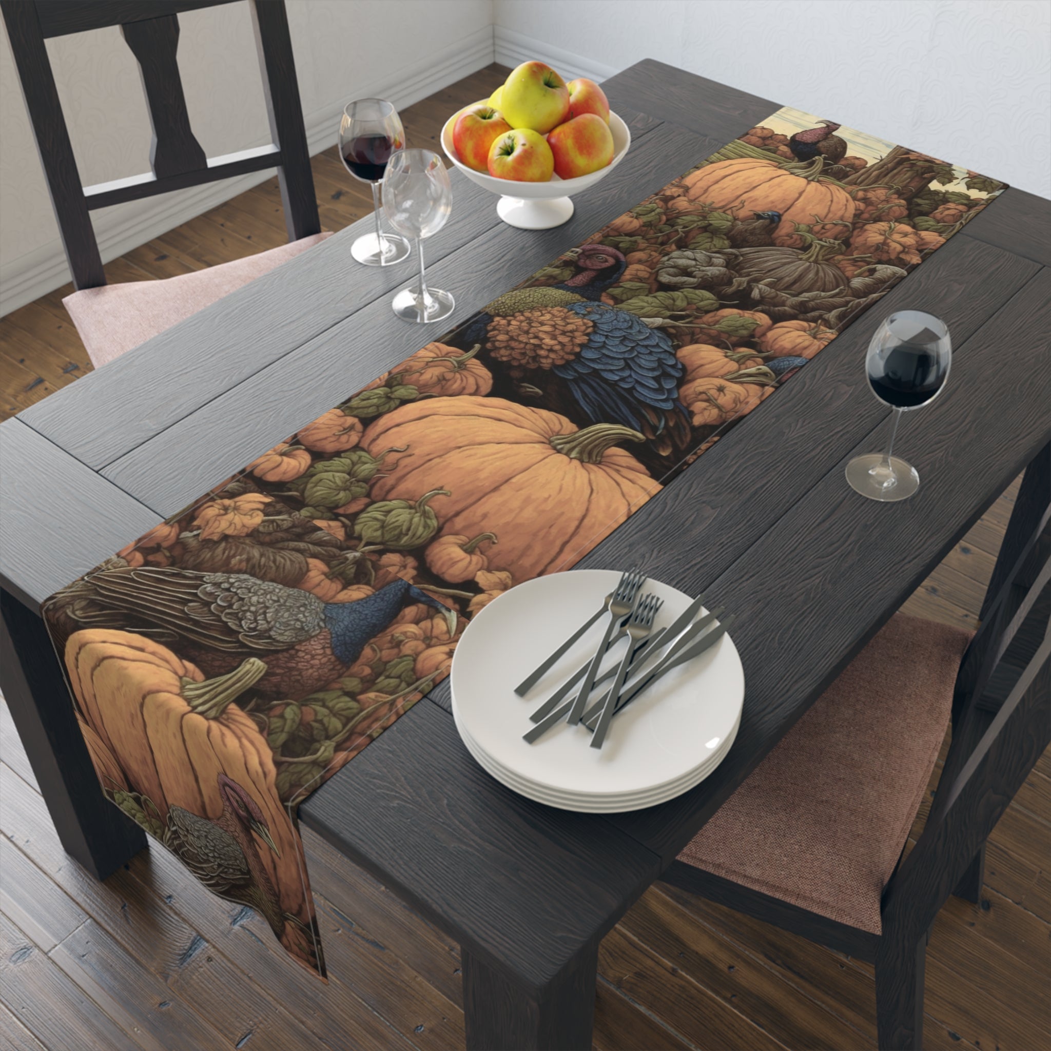 Artistic Turkeys in the Pumpkin Patch Designed Table Runner Choice Size & Material Fall Favorite Home Gift Autumn Runner