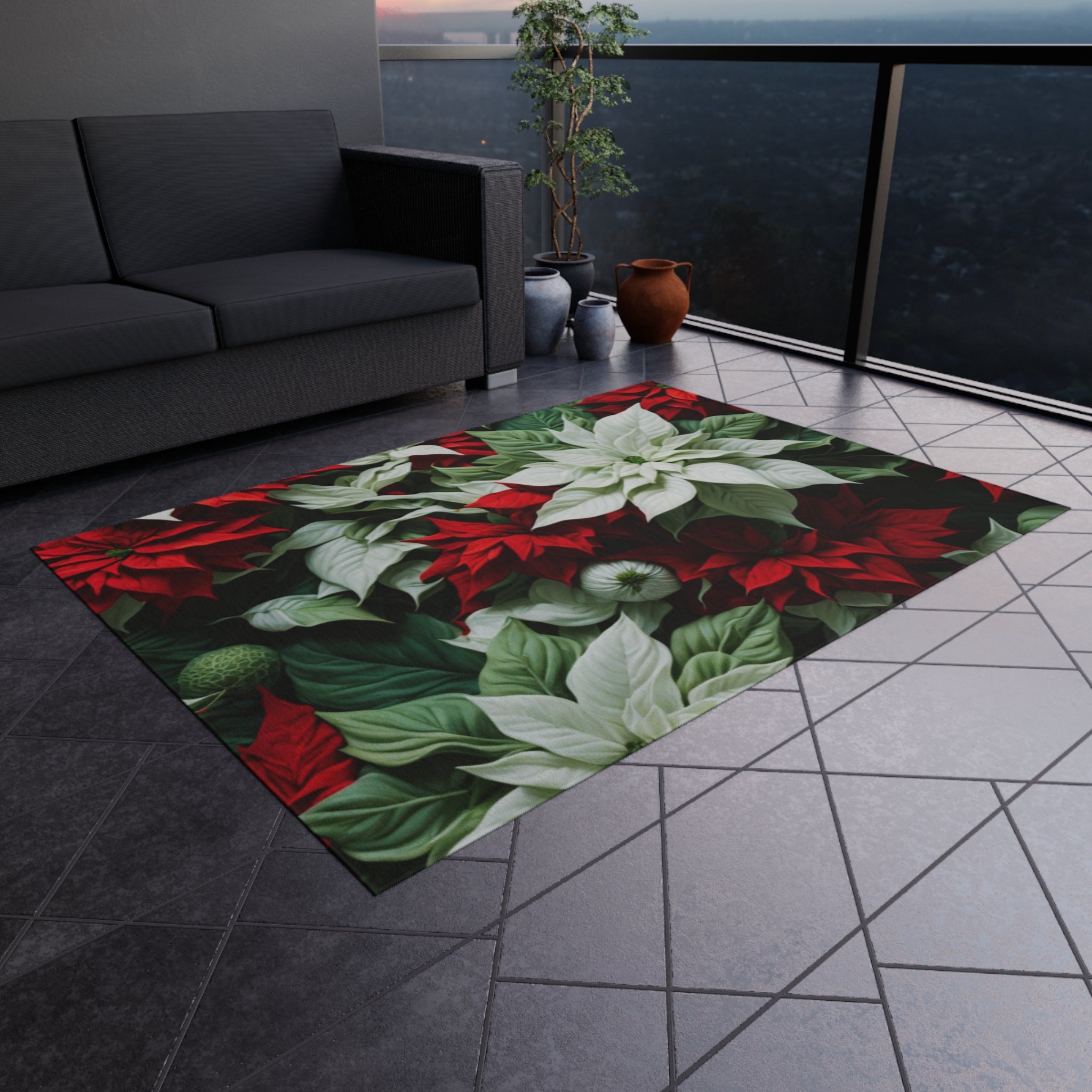 Blooming Bali Poinsettia Flower Designed Indoor Outdoor Rug Available in Multiple Sizes