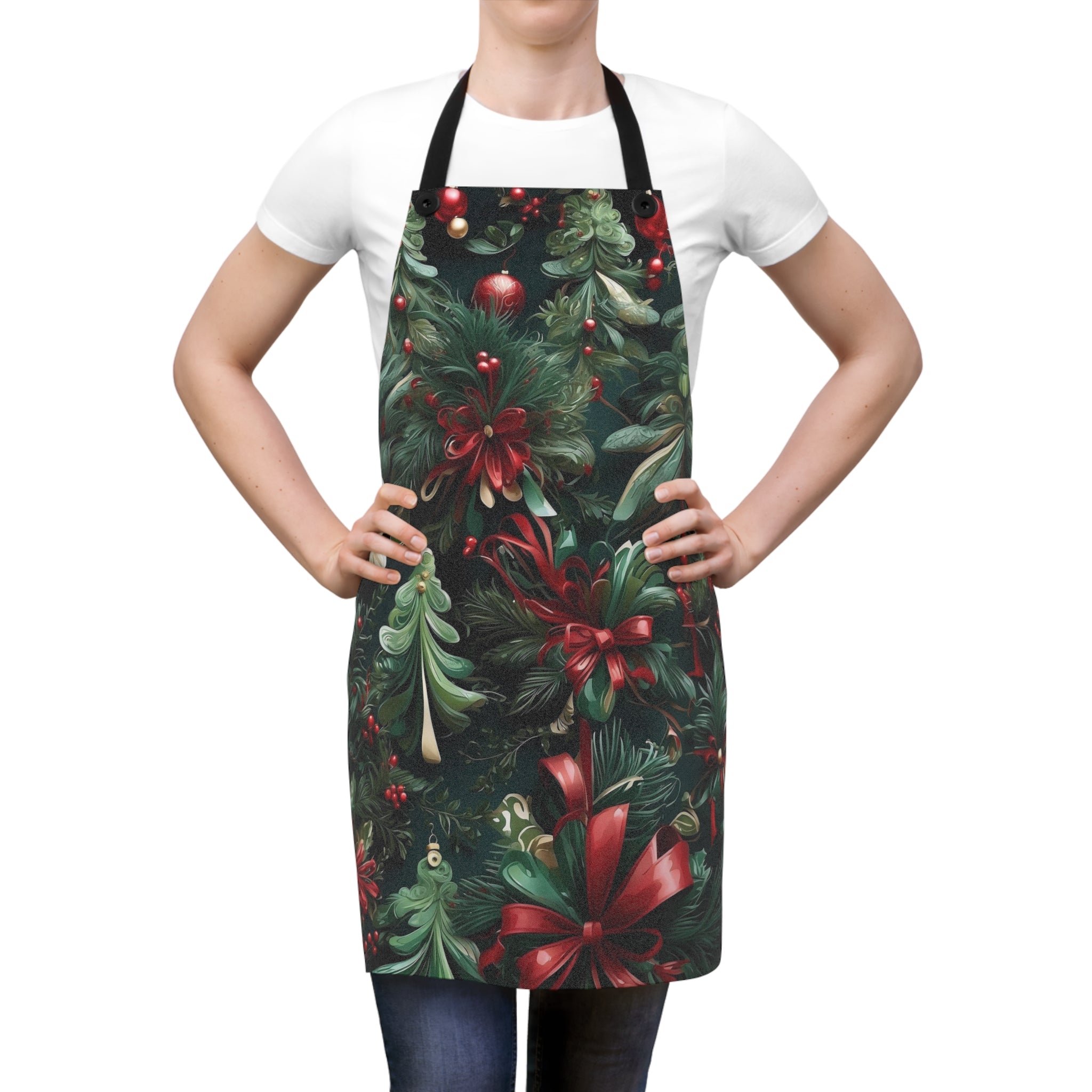 Exquisite Christmas of Ribbon and Pines Design Apron - Customizable, Lightweight, and Durable for Culinary Excellence