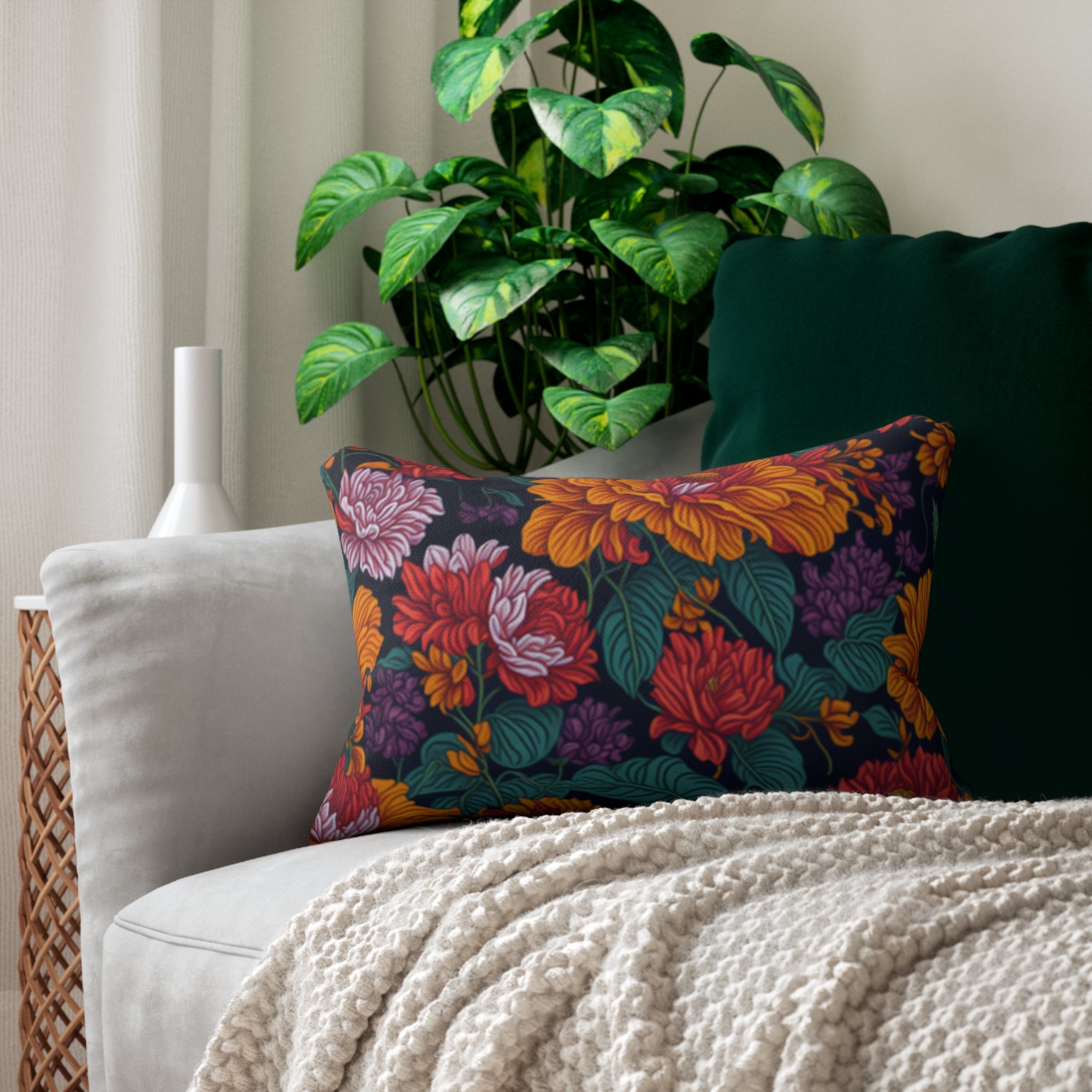 Expressive Tropical Colorful Flowers Designed Floral Spun Polyester Lumbar Pillow