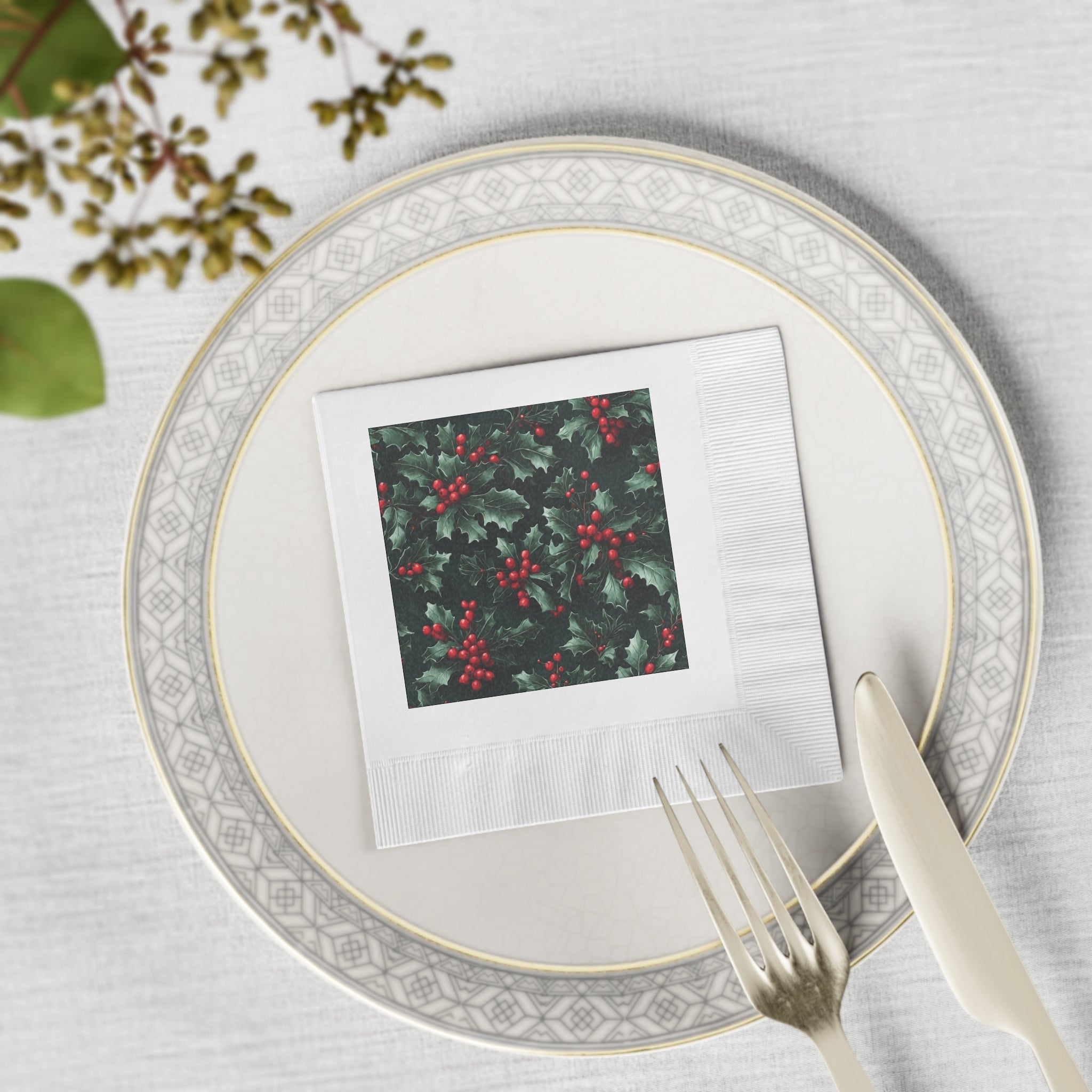 Fresh Holly & Berries Christmas White Coined Napkins 2 Size and Count Options